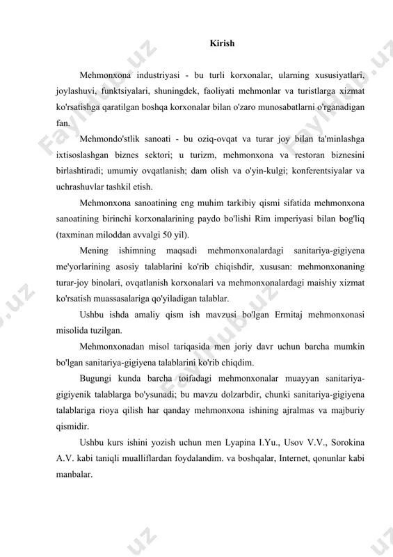 gigiyena talablariga rioya qilish har qanday mehmonxona ishining ajralmas va majburiy qismidir. ushbu kurs ishini yozish uchun men lyapina i.yu., usov v.v., sorokina a.v. kabi taniqli mualliflardan foydalandim. va boshqalar, internet, qonunlar kabi manbalar. taqdim etilgan material va uning tahlili kelajakda sifatli xizmat ko'rsatishning mohiyatini tushunishga, mehmonxonadagi sanitariya-gigiyena me'yorlarining xususiyatlarini ta'kidlashga yordam beradi. binolarni saqlash uchun sanitariya-gigiyenik talablar 1.1 mehmonxona binolariga qo'yiladigan umumiy talablar mehmonxona binolarini qurish va tugatishda gigienik sertifikatlashdan o'tgan va muvofiqlik sertifikatiga ega bo'lgan ekologik toza va xavfsiz materiallardan foydalanish kerak. mehmonxona binolari ionlashtiruvchi va yuqori chastotali nurlanishdan, shu jumladan ichki manbalardan (tibbiyot, oshxona, texnik jihozlar va boshqalar) himoyalangan bo'lishi kerak. to'rt va besh yulduzli mehmonxonalarda muhandislik tizimlarining kamida ikkita alohida manbadan ishlashini ta'minlash, sozlashlarni takrorlash (shu jumladan qo'lda rejim), avariya rejimlari va vaziyatlarni ko'rsatish, favqulodda vaziyatlarni kompyuterlar tomonidan qayd etish va hokazo. barcha issiqlik almashinuvchilari va nasos uskunalari kamida 100% zaxiraga ega bo'lishi kerak. bloklangan tizimlarda …
