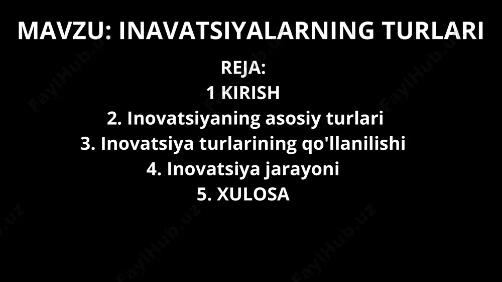 ishni, xizmatlarni va jarayonlarni raqamlashtirish imkonini beradi. 1.7.2013 3 ‹#› tashkiliy inavatsiyalar tashkiliy tuzilma tashkiliy innovatsiyalar kompaniyalarning tashkiliy tuzilmasi, boshqaruv tizimini va jarayonlarini o'zgartirish orqali ro'y beradi. ijro mexanizmlari tashkiliy innovatsiyalar orqali kompaniyalar o'z ishining ijro mexanizmlarini yaxshilashi mumkin. korporativ madaniyat tashkiliy innovatsiyalar kompaniyaning korporativ madaniyatini o'zgartirish orqali samaradorlikni oshirishi mumkin. 1.7.2013 4 ‹#› mahsulotlar va xizmatlar inavatsiyalari yangi imkoniyatlar mahsulot va xizmat innovatsiyalari yangi yechimlarni taklif etish orqali yangi imkoniyatlarni yaratadi. mijoz ehtiyojlari bu innovatsiyalar mijozlarning o'zgarib borayotgan ehtiyojlariga javob berishga qaratilgan. raqobatbardoshlik mahsulot va xizmat innovatsiyalari kompaniyalarning raqobatbardoshligini oshiradi. 1.7.2013 5 ‹#› jarayon inavatsiyalari unumdorlik jarayon innovatsiyalari kompaniyalarning ishlab chiqarish jarayonlarini yaxshilab, unumdorlikni oshiradi. resurslarni tejash bu innovatsiyalar resurslardan (xomashyo, energiya, vaqt va h.k.) samarali foydalanishni ta'minlaydi. sifat yaxshilash jarayon innovatsiyalari mahsulot va xizmatlarning sifatini yaxshilaydi. 1.7.2013 6 ‹#› omuhta inavatsiyalar 1 turli elementlarni integratsiya qilish omuhta innovatsiyalar turli xil elementlarni (texnologiya, mahsulot, jarayon va h.k.) birlashtirib, yangi …