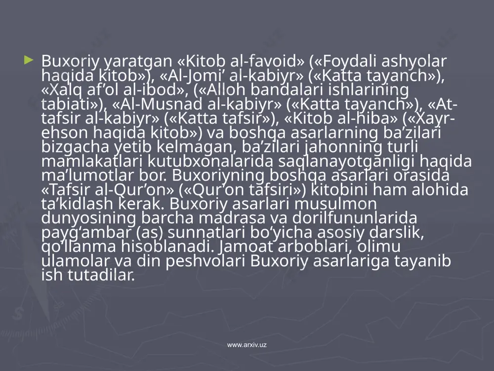 din peshvolari buxoriy asarlariga tayanib ish tutadilar. www.arxiv.uz abu ali ibn sino (980 - 1037) ibn sino sharqda «shayxur-rais», g’arbda esa «avitsenna» nomi bilan mashhur. «yusuf qissasi» qur’on syujeti asosida yozilgan birinchi asar bo‘lib, ramziy-majoziy usuldadir. «rasolat - at tayr» («qush risolasi»), «uyg‘oq o‘g‘li tirik» («hayy ibn yaqzon») kabi asarlari ham ramziy-majoziy uslubda, «salomon yea ibsol» esa ishqiy-sarguzasht asardir. ibn sino shoir sifatida doston, qasida, g‘azal, ruboiy, fardlar yaratgan. uning she’rlarida ilm-ma’rifatga da’vat, dunyo sirlarini bilishga intilish, yaxshi axloqiy xislatlarni egallashga chorlov asosiy o‘rin tutadi. she’riyatning nazariy masalalari uning «musiqa ilmida katta to‘plam» asarida ham tadqiq etilgan. «she’r obrazli so‘zlardan iborat bo‘lib, ritmli, bir-biriga muvofiq iboralardan tarkib topgan hamda misralari bir-biriga teng, vaznlari takrorlangan, oxirgi tovushlar bir-biriga o‘xshash bo‘lib kelgan satrlarga aytiladi», - deydi ibn sino. u tibbiy yo‘l-yuriqlarni, ko‘rsatmalarni she’riy yo‘l bilan bayon etgan. bular urjuzalar deb atalgan. bung‘a sabab ularning rajaz vaznida yozilganidir. www.arxiv.uz asarlari: «kitob ash-shifo», «donishnoma», …