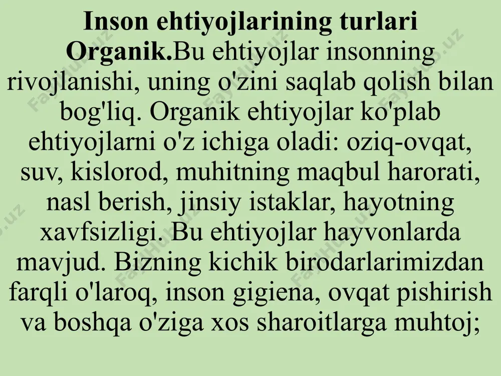 t'i nazar, yuqori maqsadlar qo'yadigan ijodkorlar va jangchilar haqida gapiramiz. ammo o'rtacha odam uchun quyidagi ma'lumotlar xarakterlidir: fiziologik ehtiyojlar 85 foizga qondiriladi; xavfsizlik va himoya sohasida - 70% ga; sevgi va qarindoshlik - 50% ga; o'z-o'zini hurmat qilishda - 40% ga; o'zini o'zi tasdiqlashda - 10% ga. kichik maktab davri 6-7 yoshdan 9-10 yoshgacha davom etadi. uning psixikasi bilim olishga etadigan darajada rivojlanadi. kichik maktab yoshidagi bolaning muhim xususiyatlaridan biri, unda o‘ziga xos ehtiyojlarning mavjudligidir. bu ehtiyojlar o‘z mohiyatiga ko‘ra faqat muayyan bilim, ko‘nikma va malakalarni egallashga qaratilmay, balki o‘quvchilik istagini aks ettirishdan ham iboratdir. shu ehtiyojlar asosida bolaning o‘z portfeliga, shaxsiy o‘quv qurollariga, dars tayyorlash stoliga, kitob qo‘yish javoniga ega bo‘lish, kattalardek har kuni maktabga borish istagi yotadi. ana shu ehtiyoj bola shaxsining shakllanishida, shuningdek uning ijtimoiylashuvida katta ahamiyatga ega hisoblanadi. bu davrda bola, fan asoslarini o‘rganish uchun biologik va psixologik jihatdan tayyor bo‘ladi. fiziologlarning fikriga ko‘ra, 7 yoshga …