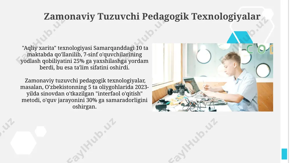 ademik ko'rsatkichlarini yaxshilaydi. shaxsiylashtirilgan ta'lim yondashuvlari, masalan, 20 dan ortiq o'quvchiga ega bo'lgan toshkentdagi maktablarda, har bir o'quvchining o'rganish uslubi va sur'atini hisobga olgan holda, individual o'quv rejalari tuzish orqali amalga oshiriladi. e'tiboringiz uchun rahmat @taqdimot_robot image1.jpg image2.jpg image3.jpg image4.jpg image5.jpg image6.jpg image7.jpg image8.jpg image9.jpg