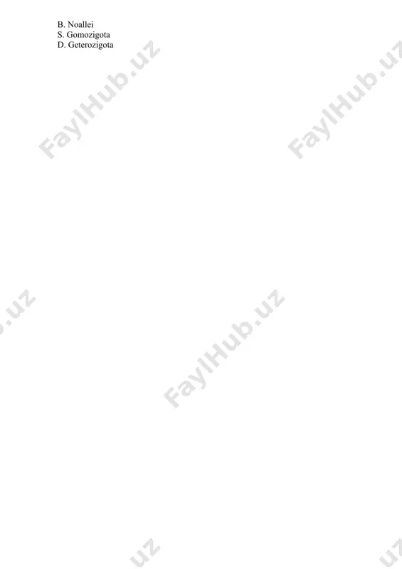 gomozigota d. geterozigota masalalar: 1.ii qon guruhi bo‘yicha geterozigotali ayol iii qon guruhli (geterozigotali) erkakka turmushga chiqsa ulardan qanday qon guruhli bolalar tug‘ilishi mumkin? 2.ii qon guruhi bo‘yicha geterozigotali ayol qon guruhi iv bo‘lgan erkak bilan turmush qurganda, ularning bolalarida qon guruhi qanday bo‘lishi mumkin? 3.ota-onalarning har ikkalasining qon guruqhi ii , bo'lsa ularning bolalarida ii guruhdan boshqa qon guruhi bo'lishi mumkinmi? 4.tug‘ruqxonada 2 ta chaqaloqni almashtirib qo’yishdi. bitta bolaning ota-onasi qoni i va ii guruh, ikkinchisining ota-onasi qoni esa ii va iv guruh. bolalardan birining qoni i guruhi, ikkinchisiniki esa iv guruh. qaysi o‘g‘il bola kimniki ekanligini aniqlang. 5.odamda yaqindan ko‘rish dominant belgi bo‘lib, turli darajada namoyon bo‘ladi. bu belgi har xil autosomada joylashgan dominant genlarning komplementar ta'siri natijasidir. genotipda har ikkala dominant genlar uchrasa yaqindan ko‘rishning yuqori darajasi, dominant genlardan faqat bittasi uchrasa belgi o‘rta darajada yuzaga chiqadi. ona yuqori darajada yaqindan ko‘radigan, ota esa normal ko‘rish qobiliyatiga …