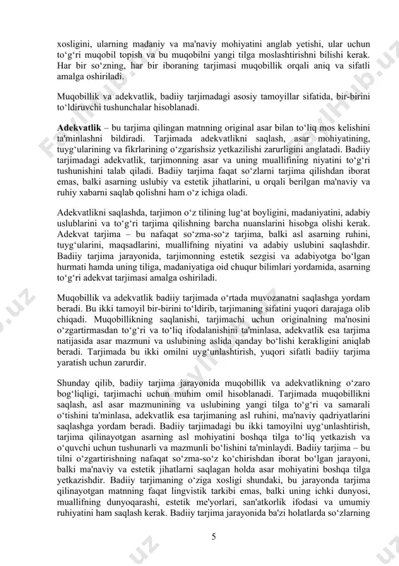 day qilib, badiiy tarjima jarayonida muqobillik va adekvatlikning o‘zaro bog‘liqligi, tarjimachi uchun muhim omil hisoblanadi. tarjimada muqobillikni saqlash, asl asar mazmunining va uslubining yangi tilga to‘g‘ri va samarali o‘tishini ta'minlasa, adekvatlik esa tarjimaning asl ruhini, ma'naviy qadriyatlarini saqlashga yordam beradi. badiiy tarjimadagi bu ikki tamoyilni uyg‘unlashtirish, tarjima qilinayotgan asarning asl mohiyatini boshqa tilga to‘liq yetkazish va o‘quvchi uchun tushunarli va mazmunli bo‘lishini ta'minlaydi. badiiy tarjima – bu tilni o‘zgartirishning nafaqat so‘zma-so‘z ko‘chirishdan iborat bo‘lgan jarayoni, balki ma'naviy va estetik jihatlarni saqlagan holda asar mohiyatini boshqa tilga yetkazishdir. badiiy tarjimaning o‘ziga xosligi shundaki, bu jarayonda tarjima qilinayotgan matnning faqat lingvistik tarkibi emas, balki uning ichki dunyosi, muallifning dunyoqarashi, estetik me'yorlari, san'atkorlik ifodasi va umumiy ruhiyatini ham saqlash kerak. badiiy tarjima jarayonida ba'zi holatlarda so‘zlarning to‘g‘ri ekvivalentlari mavjud bo‘lmasligi mumkin, shuning uchun tarjimon nafaqat tilning grammatikasiga, balki matnning mazmuniga, ruhiga va his-tuyg‘usiga ham e'tibor qaratishi kerak. badiiy tarjimaga kirishishdan oldin, tarjimon muayyan …