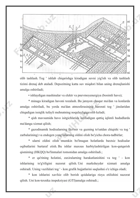 majmuasidir. sirtda olib tashlash mashinalari binolari, kopra (arqonlar va kayışlar uchun kasnaklar o'rnatish va ularni tushirish uchun tuzilmalar), estakada, elektr stantsiyasining binolari, mexanik ustaxonalar, kompressor, ma'muriy-maishiy zavod mavjud. sirtda turli maqsadlar uchun moddiy omborlar mavjud. qazib olingan minerallarning sifatini oshirish uchun uni boyitish amalga oshiriladi. shu maqsadda ular bir va bir guruh ma'danlar uchun boyitish zavodini quradilar. ochiq qazib olish usuli bilan barcha tog '- kon ishlari to'g'ridan-to'g'ri er yuzidan ochiq tog ' ishlab chiqarishda amalga oshiriladi (fig. 1.2). yuzaga keladigan sharoitga qarab, nafaqat minerallar, balki katta hajmdagi bo'sh jinslar ham chiqariladi. bu nasllar ochiq jinslar yoki ochilgan deb ataladi. ochiq kon ishlarida asosiy ishlab chiqarish jarayonlari: tog ' jinslarini qazish uchun tayyorlash; olib tashlash va yuklash ishlari; karer yuklarining harakatlanishi (avtomobil yoki temir yo'l transporti, shuningdek konveyerlar); ochiq jinslarning qulashi va mineralni saqlash. ochiq kon ishlarining asosiy afzalliklari quyidagilardan iborat: * yuqori mehnat unumdorligini va kam ishlab chiqarish xarajatlarini …