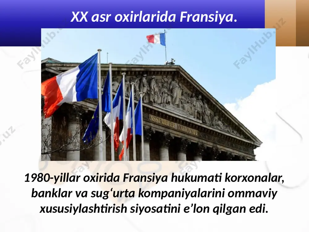 terroristic akt oqibatida yuzdan oshiq kishi halok bo‘ldi, uch yuzdan oshiq odam yaralandi. bu terrorchilik aktlarini ishid terrorchi guruhi o‘z zimmasiga oldi. aprel oyida bo‘lib o‘tgan saylovlarning ikkinchi turida «olg‘a!» harakatining vakili emmanyuel makron g‘alaba qozondi. emmanyuel makron milliy front vakili marin le pen ilk bor prezidentlik saylovlarida ikkinchi turga chiqib, qariyb 34% ovoz oldi. marin le pen mamlakatdagi ko‘plab muammolarga qaramasdan, xxi asr boshlariga kelib, fransiya ham iqtisodiy, ham siyosiy jihatdan dunyoning yetakchi davlatlaridan biri bo‘lib qolmoqda. savol va topshiriqlar 1. 1990-yillar boshlarida fransiyada qanday sabablar so‘l kuchlarning mag‘lubiyatiga olib keldi? 2. fransiyada postindustrial jamiyatning shakllanishi nimalarda namoyon bo‘ldi? 3. 2010-yillar boshlarida qanday sabablar fransiyada ijtimoiy holatni keskinlashtirdi? 4. xxi asrda fransiya oldida qanday muammolar paydo bo‘ldi? image2.jpg image3.jpg image4.jpeg image5.jpeg image6.jpeg image7.jpeg image8.jpeg image9.jpeg image10.jpeg image11.jpeg image12.emf image13.jpeg image14.jpeg image15.emf image16.jpeg image17.jpeg image1.jpg