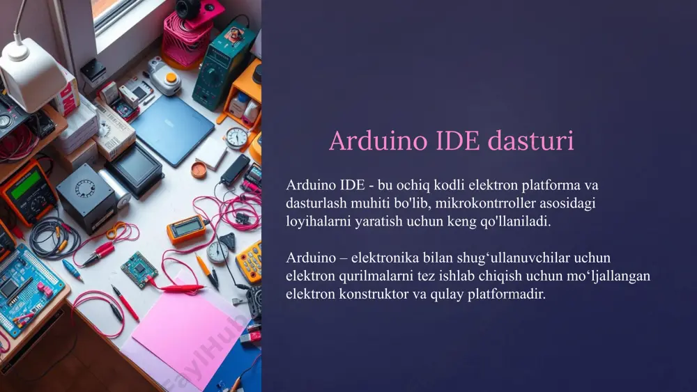 nsangiz, sizga quyidagi rasmda ko’rsatilgandek usb printeriga ulanadigan standart usb kabeli (a vilkasi b vilkasi) kerak bo’ladi. agar siz arduino nano-dan foydalansangiz, sizga quyidagi rasmda ko’rsatilgandek a-mini-b kabeli kerak bo’ladi. 2-qadam - arduino ide dasturini yuklab oling. arduino ide ning turli xil versiyalarini arduino rasmiy veb-saytidagi yuklash sahifasidan olishingiz mumkin. siz operatsion tizimingizga (windows, ios yoki linux) mos keladigan dasturiy ta’minotingizni tanlashingiz kerak. faylni yuklab olish tugagandan so’ng, faylni oching. 3-qadam - kengashni quvvatlang. arduino uno, mega, duemilanove va arduino nano avtomatik ravishda har ikkalasidan quvvat oladi, kompyuterga usb ulanishi yoki tashqi quvvat manbai. agar siz arduino diecimila-dan foydalanayotgan bo’lsangiz, unda usb ulanishdan quvvat olish uchun taxtaning tuzilganligiga ishonch hosil qilishingiz kerak. quvvat manbai usb va quvvat jaklari orasidagi uchta pimning ikkitasiga mos keladigan jumper, kichik plastik qism bilan tanlanadi. usb portiga eng yaqin ikkita pinada ekanligini tekshiring. usb kabelidan foydalanib, arduino kartasini kompyuteringizga ulang. yashil quvvatli led (pwr belgisi …