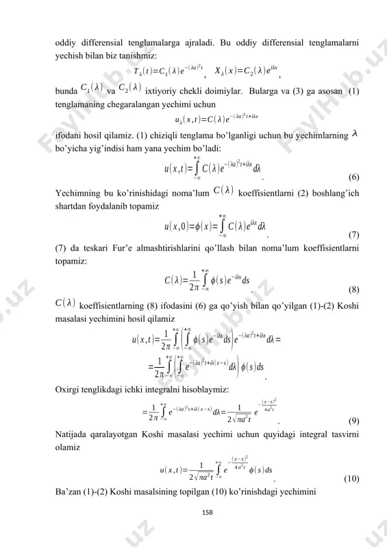 i yechishda qo’llanilgan o’zgaruvchilarni almashtirish yoki fur’e usuli yordamida topilib, yechim puasson integrali deb ataluvchi integral shaklda tasvirlanishini o’rgandik. yechimning topilgan (10) shakli va integral belgisi ostida limitga o’tish haqidagi teoremaga asosan yechim boshlang’ich shartdan uzluksiz bog’liq ekanligini, ya’ni qaralgan koshi masalasi yechimi turg’un ekanligiga amin bo’lamiz. topilgan (10) yechim berilgan funksiya chegaralangan bo’lganda, ya’ni iztiyoriy uchun shunday son topilib, bo’lganda (10) dagi integral tekis chegaralangan bo’ladi. haqiqatan ham bu holda (10) yechim uchun quyidagi baho o’rinli . bundagi birinchi integralda o’zgaruvchini kabi almashtirish bajarishdan hmda oxirgi integralnini qiymati esa ekanligidan foydalanildi. demak integral belgisi ostida hadlab differensiallash va limitga o’tish haqidagi teoremalar bu holda qo’llanilishi mumkin. shunday qilib (10) puasson integrali qaralayotgan koshi masalasining chegaralangan uzluksiz yechimini ifodalashi to’liq isbotlandi. eslatma. xuddi to’lqin tenglamasidagi kabi boshlang’ich funksiyani sonlar o’qiga juft yoki toq davom ettirish yo’li bilan yarim cheksiz uzunlikdagi sterjenda issiqlik tarqalish tenglamasiga qo’yilhan 1- va 2-tur chegaraviy masalalarni …