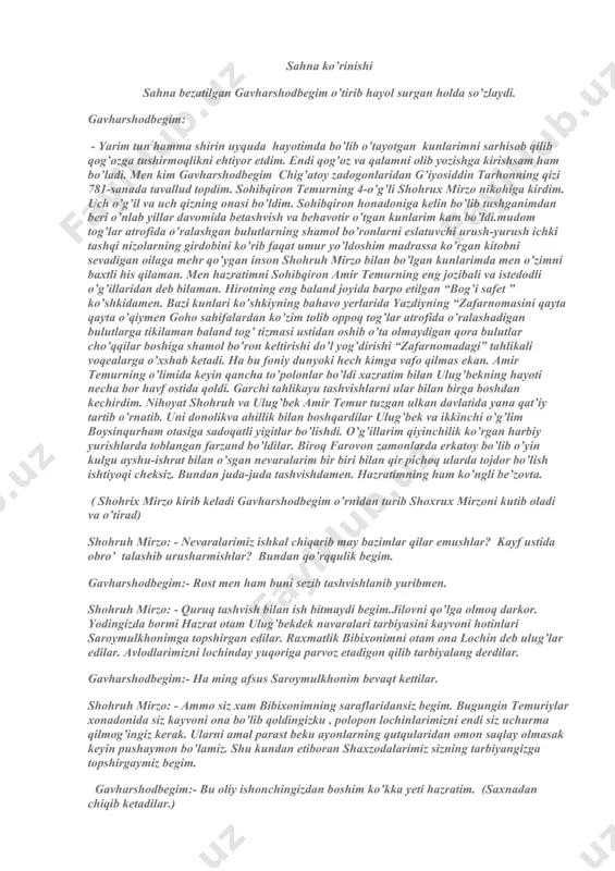 tog’lar atrofida o’ralashgan bulutlarning shamol bo’ronlarni eslatuvchi urush-yurush ichki tashqi nizolarning girdobini ko’rib faqat umur yo’ldoshim madrassa ko’rgan kitobni sevadigan oilaga mehr qo’ygan inson shohruh mirzo bilan bo’lgan kunlarimda men o’zimni baxtli his qilaman. men hazratimni sohibqiron amir temurning eng jozibali va istedodli o’g’illaridan deb bilaman. hirotning eng baland joyida barpo etilgan “bog’i safet ” ko’shkidamen. bazi kunlari ko’shkiyning bahavo yerlarida yazdiyning “zafarnomasini qayta qayta o’qiymen goho sahifalardan ko’zim tolib oppoq tog’lar atrofida o’ralashadigan bulutlarga tikilaman baland tog’ tizmasi ustidan oshib o’ta olmaydigan qora bulutlar cho’qqilar boshiga shamol bo’ron keltirishi do’l yog’dirishi “zafarnomadagi” tahlikali voqealarga o’xshab ketadi. ha bu foniy dunyoki hech kimga vafo qilmas ekan. amir temurning o’limida keyin qancha to’polonlar bo’ldi xazratim bilan ulug’bekning hayoti necha bor havf ostida qoldi. garchi tahlikayu tashvishlarni ular bilan birga boshdan kechirdim. nihoyat shohruh va ulug’bek amir temur tuzgan ulkan davlatida yana qat’iy tartib o’rnatib. uni donolikva ahillik bilan boshqardilar ulug’bek va …