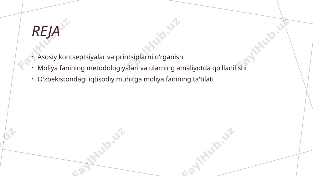 niladi. 3 moliyalarni ta'lim etish nazariy asoslar moliyalarni ta'lim etish uchun ham muhimdir. bu asoslar moliya sohasidagi yangiliklarni o'rganish va savollarga javob topishda yordam beradi. moliya fanining amaliyotda qo'llanilishi: tahlil va ta'tilatlar moliya fanining amaliyotda qo'llanilishi: tahlil va ta'tilatlar, bu qismatda biz moliyaviy tahlil va ta'tilatlar haqida o'rganamiz. bu jarayonlar moliyaviy fanlarni amaliyotda qanday qo'llashni tushunishga yordam beradi. bu jarayonlar uzbekistondagi iqtisodiy muhitda qanday samarali ishlaydi, misol uchun moliyaviy tahlil va ta'tilatlar. photo by kelly sikkema on unsplash o'zbekistonda moliya fanining iqtisodiy muhitga ta'siri 01 moliya fanining rivojlanishi o'zbekistonda moliya fanining iqtisodiy muhitga ta'siri o'zaro aloqalar va hamkorliklarni rivojlantiradi, iqtisodiy taraqqiyotga qo'shilishga yordam beradi. 02 investitsiyalar va fondlar investitsiyalar va fondlar o'zbekistonda moliya fanining iqtisodiy muhitga ta'sirini kuchaytiradi, yangi sohalarda rivojlantirishga yo'l ochadi. 03 korporativ boshqaruv va moliyaviy hisob-kitoblarni takomillashtirish korporativ boshqaruv va moliyaviy hisob-kitoblarni takomillashtirish o'zbekistondagi iqtisodiy muhitga moliya fanining innovatsion ta'sirini oshiradi. 04 moliyaviy istiqbol va moliyaviy turmush …