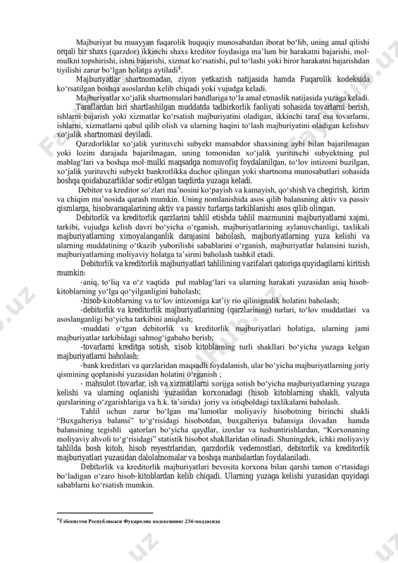 debitorlik qarzi muddati о‘tib ketgan debitorlik qarzi deb tan olinadi2. korxonada buning mavjudligi uning mansabdor shaxslariga 10 dan 15 ekih miqdorida jarima solishga sabab bо‘ladi3 binobarin, muddati о‘tgan debitorlik qarzi korxona boshqaruvchilariga kо‘p muammolar keltirishi mumkin. qayd qilish lozimki, belgilangan muddatlarning о‘tishi kontragent tomonidan bajarilishi kerak bо‘lgan paytdan boshlanadi. binobarin, muammoni hal qilish uchun taraflar shartnomaviy majburiyatlarni bajarish muddatlarini uzaytirish uchun qо‘shimcha kelishuvni rasmiylashtirishlari yetarli bо‘ladi. qarzdorga nisbatan birdaniga sud muhokamasi tashabbusi bilan chiqish va unga nisbatan majburiy undiruv choralarini qо‘llash umuman shart emas. yuzaga kelgan majburiyatlarni uzoq vaqt va zо‘r berib undirishga harakat qilishdan yoki bu xarakatlarning befoyda deb tan olgan holda qarz majburiyatlarini bekor qilishdan kо‘ra, uni vujudga kelishini oldini olgan ma’qbulroq hisoblanadi. ya’ni qarzdorlik haqida ushbu qarzdorlikning yuzaga kelgandan keyin emas balki yuzaga kelgunga qadar qayg‘urgan maqbul hisoblanadi. buning uchun nimalar qilish lozim. avvalo kontragent bilan tegishli shartnomani rasmiylashtirish bosqichining о‘zidayoq taraflar majburiyatlarining aniq miqdorlari va majburiyatlarni …