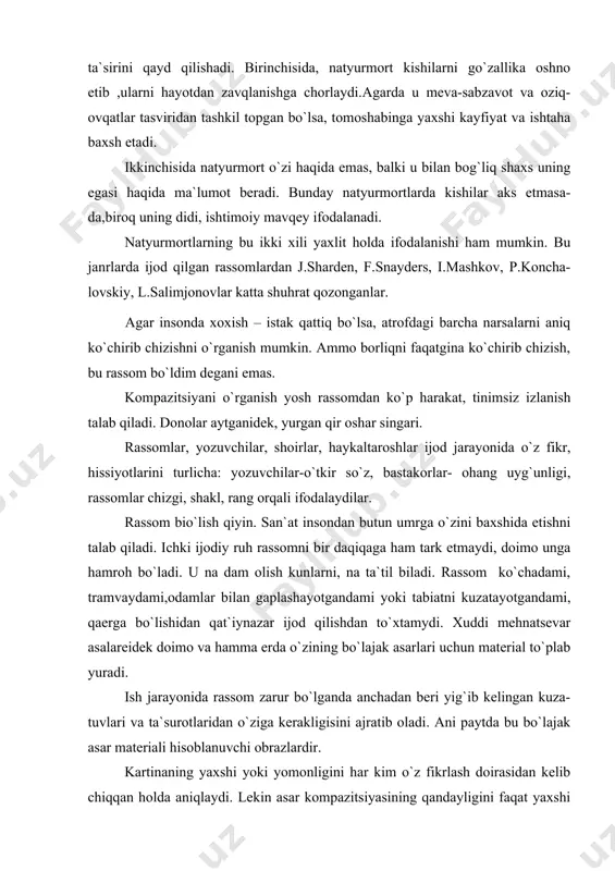 lari uchun material to`plab yuradi. ish jarayonida rassom zarur bo`lganda anchadan beri yig`ib kelingan kuza- tuvlari va ta`surotlaridan o`ziga kerakligisini ajratib oladi. ani paytda bu bo`lajak asar materiali hisoblanuvchi obrazlardir. kartinaning yaxshi yoki yomonligini har kim o`z fikrlash doirasidan kelib chiqqan holda aniqlaydi. lekin asar kompazitsiyasining qandayligini faqat yaxshi mutaxasis yoki san`at shunos ayta olishi mumkin. ular asarning nimasi yaxshi-yu, nimasi yomonligi, kamchiliklari yoki xatolari yillar davomida ortirib kelgan ijodiy tajribasidan, badiiy ichki hissiyotidan, dididan kelib chiqqan holda aniqlaydilar. ammo ular ham ayrim hollada asarni biror so`z bilan ta`riflasahga ojizlik qiladilar. rassom ustalar bilan suhbatlashgan chog`larimda, so`z bilan tushintirishga qiynalishganidan, beixtiyor majoziy so`zlarga o`tib ketishadi. menimcha bu avvalo, san`atning hissiyot bilan bog`likligidadir. juda ko`pgina rassomlar uchun kompazitsiyani bilish alohida o`rin tutadi. ularning o`zlari ko`pincha “kopazitsion his etish” qobiliyatiga ega bo`ladilar. shu sababdan ham tasviriy san`atni sirtdan o`rganish juda qiyin, chunki ko`pgina masalalar faqat ko`rish orqali yechiladi. hech kim me`moray kompazitsiyada …