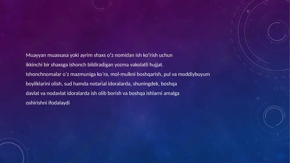 i lozim. masalan: uy-joyni sotishga ishonch bildirigan shaxs, vakilning uyning sotilishidan tushgan pulni olish, uni pochta orqali jo‘natish va boshqa harakatlarni ishonchnomada aniq ko‘rsatishi lozim. ishonchnoma uzog‘i bilan uch yil muddatga beriladi. lekin pensiya ta’minoti olish bilan bog‘liq bo‘lgan ishonchnomalar bundan mustasno. ishonchnomaning muddati so‘z bilan yozilishi lozim. amal qilish muddati ko‘rsatilmagan ishonchnoma tuzilgan kundan boshlab bir yil davomida haqiqiy sanaladi. lekin tuzilgan sanasi ko‘rsatilmagan ishonchnoma haqiqiy hisoblanmaydi. ishonchnoma matnida uning tuzilgan joyi va kuni, ishonch bildiruvchi va vakil qilinayotgan shaxslarning familiyasi, ismi, otasining ismi, turar joylari ko‘rsatilishi kerak. ishonchnoma ikki nusxada ba’zida manfaatdor shaxslarning talabi bilan uch nusxada ham tuzilishi mumkin. ishonchnomaning ikkala nusxasi ham bir-xil yuridik kuchga ega bo‘lib, barcha nusxalarga bir xildagi reyestrga qayd etilganda qo‘yilgan tartib raqami qo‘yiladi. masalan: ishonchnoma 777 bo‘lsa bu raqam barcha nusxalarga ham qo‘yiladi. ishonchnomaning birinchi nusxasi ko‘pincha ishonchnoma oluvchi shaxsga beriladi, ikkinchi nusxasi notarial idorada qolad bo‘lgan voqea yoki mavjud holatlarni …