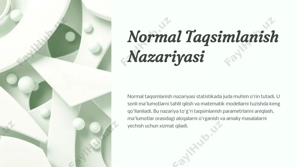 ilarning bilim va ko'nikmalarini baholash uchun keng qo'llaniladi. 5 normal taqsimlanish nazariyasi va uning qo'llanilishi sifat nazorati mahsulotlar sifatini tekshirish va nazorat qilishda normal taqsimlanish nazariyasi qo'l keladi. u har xil xususiyatlarning taqsimlanishini aniqlashga imkon beradi. siyosiy statistika siyosiy va ijtimoiy tadqiqotlarda normal taqsimlanish nazariyasi aholining xulq-atvorini, fikrlash tarzini va boshqa ko'rsatkichlarini tahlil qilish uchun qo'llaniladi. tibbiyot tibbiyotda normal taqsimlanish nazariyasi kasalliklar tarqalishini, bemorlarda uchraydigan belgilarni tahlil qilish va davolash usullarini baholash uchun muhim. iqtisodiyot iqtisodiy ko'rsatkichlar, shu jumladan mahsulot narxi, daromad, xarajatlar va boshqalarning normal taqsimlanishini aniqlash uchun foydalaniladi. 6 normal taqsimlanish nazariyasi bo'yicha misollar sinov natijalari o'quvchilarning sinov natijalari odatda normal taqsimlanishga ega. bu ularning bilim va ko'nikmalarining ko'pchiligi o'rtacha darajada ekanligini ko'rsatadi. bo'y taqsimlanishi odamlarning bo'yi normal taqsimlanishga ega bo'ladi. ko'pchilik o'rtacha bo'yga, kamchiligi juda uzun yoki juda qisqa bo'yga ega bo'ladi. daromad taqsimlanishi odamlarning daromlari ham normal taqsimlanishga ega bo'lishi mumkin. ko'pchilik o'rtacha daromad oladi, kamchiligi …