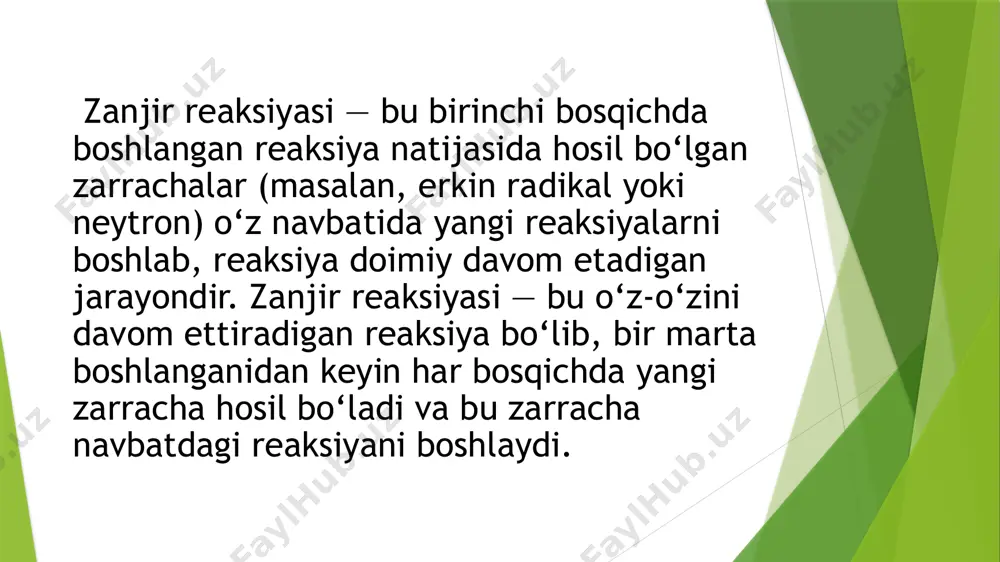 il bo‘lgan faollashgan zarracha boshqa reaksiya moddalari bilan reaksiyaga kirishib, yangi mahsulot va yana bir faollashgan zarracha hosil qiladi. bu zanjirli davom etish imkonini beradi. 3.zanjir uzulishi zarrachalar o‘zaro reaksiyaga kirishib, faolsiz mahsulot hosil qiladi va zanjir to‘xtaydi. 4.tezlik zanjir reaksiyalari ko‘pincha juda tez boradi, ayniqsa harorat yoki katalizatorlar yordamida faollashtirilsa. yadro zanjir reaksiyasi. yadro zanjir reaksiyasi: uran yadrosining bo‘linishi natijasida neytronlar ajralib chiqadi va ular boshqa uran yadrolarini bo‘lib, reaksiya zanjiri davom etadi. etibor uchun raxmat /docprops/thumbnail.jpeg