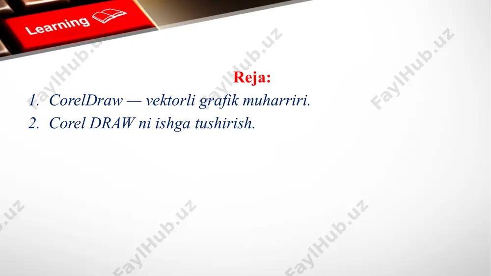 marta bosiladi. sarlavha satri bu yerda: corel draw 12 — dastuming nomi.[ risunok 1] — hujjatning formal (yolg'on) nomi. ish yakunida formal nomga real (haqiqiy) nom beriladi. standart asboblar paneli menyu satrining ostida «standart asboblar paneli» joylashgan. bu satrda eng ko‘p bajariladigan buyruqlarga mos boshqarish elementlari joylashgan. masalan, otkrit (ochish), zakrit (yopish), soxranit (saqlash) buyruqlari, sistemali atributlar paneli standart asboblar paneli ostida «atributlar paneli» (panel atributov) satri joylashgan. u belgilangan obyektning parametrlarini o‘zgartiradigan boshqarish elementlari to‘plamidan iborat. ranglar palitrasi. darchaning o‘ng chegarasi bo‘ylab «palitra svetov» (ranglar palitrasi) paneli joylashgan. u rangni to'ldirish va rasmli obyektlarning atrofini himoyalash, aylantirib bo‘yash uchun qo'llaniladi. asboblar paneli ish maydonining chap qismida asboblar to'plami (toolbox) darchasi joylashgan. undagi kerakli asbobni tanlash uchun uning ustida sichqoncha tugmasi bosiladi. kerakli asbobni tanlash bilan foydalanuvchining tasvir ustida barcha harakatlari boshlanadi. image2.png image1.jpg