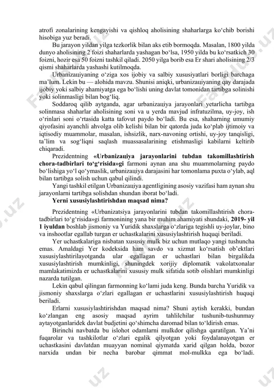 a, 21-a. ga kelib bu ko‘rsatkich 200 dan oshdi. dunyoda aholisi 10 mln. dan ortiq yirik shaharlar [mexiko (25 mln.), tokio (20 mln.), seul (13 mln.), pekin (11 mln.), parij, qohira, buenosayres va london (10 mln.)] mavjud. o‘zbekistonda urbanizaцiya jarayoni o‘z tarixiy rivojlanish bosqichlariga ega. uning rivojlanishi o‘lkaning ijtimoiyiqtisodiy rivojlanishi va demografik xususiyatlari bilan bog‘liq. o‘zbekistonda eng qad. shaharlar bilan birga 20-a. ning 2yarmida vujudga kelgan shaharlar ham mavjud. 1913—80 y. larda o‘zbekiston shaharlari soni va shahar aholisi salmog‘i o‘sdi. o‘zbekistonda 120 ta shahar bo‘lib, ularda 8249,3 ming kishi yashaydi (2003). ularning 38 tasida aholi soni 20 minggacha bo‘lgan kichikroq shaharlar, 65 tasi 20 mingdan 100 minggacha bo‘lgan o‘rta shaharlar, 16 tasi aholisi 100 mingdan 500 minggacha bo‘lgan yirik shaharlar va toshkent millioner shahardir. 19-a. ning oxiridan boshlab o‘zbekistonda urbanizaцiya jarayoni rivojlanib kelmokda. o‘zbekistonda keyingi yillarda urbanizaцiya ko‘lamiga, asosan, shahar aholisining tabiiy o‘sish jarayoni kamayib borishi ta’sir etmokda. 1991 y. …