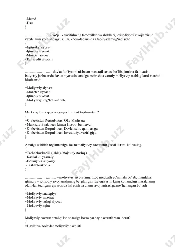 i; investitsion siyosat; renta siyosati ~byudjet siyosati; soliq siyosati; kredit siyosati; pensiya siyosati; investitsion siyosat; iqtisodiy siyosat ~byudjet siyosati; kredit siyosati; investitsion siyosat; sug’urta siyosati } aksiyaning turlari to’g’ri berilgan javobni belgilang { =imtiyozli, oddiy ~belgili, imtiyozli ~oddiy, yutuqli ~uzoq va qisqa muddatli } .......................... bozor iqtisodiyoti sharoitida, iqtisodni, butun xalq xo‘jaligini rivojlanishiga davlat orqali ta’sir etadigan muhim iqtisodiy dastakdir. { =soliq siyosati; ~ijtimoiy-moliyaviy siyosati; ~monetar siyosati; ~milliy siyosati; } ............................ - monopol tovar va xizmatlar bahosi va tarifining korrektivka qilinishi (o‘zgartirilishi) orqali ifodalanadi. { =baho siyosati; ~kredit siyosati; ~byudjet siyosati; ~soliq siyosati; } iqtisodiy qiymatga ega bo‘lgan barcha narsalar …... deyiladi { =aktivlar ~ekologik jarayon ~ijtimoiy faoliyat ~passivlar } ........................ – moliyaviy munosabatlarning turli soxalarini uz ichiga olib, har qaysi soxalar pul mablag‘lari fondlarini shakllantirish va ulardan foydalanish xususiyatlari bilan tavsiflanadi. { =moliya tizimi ~kredit tizimi ~sug’uta tizimi ~boj siyosati } bino, inshoot, mashina uskunalari va ishlab chiqarish jarayonida …