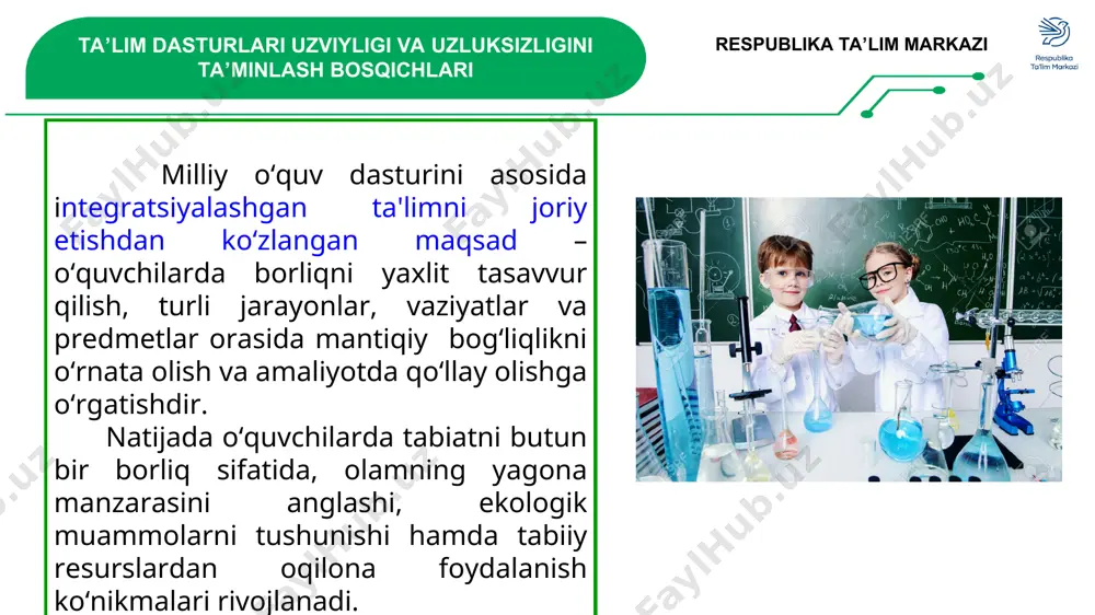‘shadigan malakali mutaxassislar yetkazishda innovatsion loyihalarni yaratish steam asosida ta’lim berish amaliy ko‘nikmalarning rivojlanishida fanlararo hamkorlik ta’limda integratsiyalash o‘quvchi dunyoni bilishi va tasavvur qilishda har tomonlama rivojlanishga erishiladi * har qanday vaziyatdagi hayotiy muammolarni hal qilish ta’lim uchun keng imkoniyatlar yaratadi olgan bilimlarini real hayotda qo‘llay olish o‘z fikr-mulohazalar turli vaziyatlarda bildirish steam ta’lim natijalari tabiiy fanlar – amaliyot va tajribalarga asoslangan o’quvchilarda amaliy ko’nikma hosil qilish amaliy mashg‘ulotlar o‘tish va topshiriqlar berish orqali amalga oshiriladi. * o‘quv loyiha o‘qituvchi tomonidan maqsadli ravishda talabaning ma’lum vazifani bajarish bo‘yicha faoliyatini rejalashtirish va tashkil etishdan to mahsulotni (intellektual yoki moddiy mahsulotni) ommaviy baholash uchun taqdim etishgacha bo‘lgan mustaqil harakat qilishini ta’minlovchi maxsus (laboratoriya sharoitlarida) o‘quv faoliyatidir. o‘quv loyihaviy faoliyat: tuzilishi va mazmuni yakka guruh bo‘lib fanlararo qisqa uzoq muddatli o‘rta axborotli amaliy tadqiqot juftlikda o‘quv-loyiha fanni chuqur o‘rganishga yordam beradi o‘quvchining ijodkorlik qobiliyatini namoyon qiladi muammoni hal qilish orqali o‘quvchilar bilimi mustahkamlanadi …