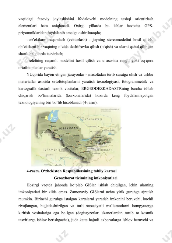 a qaramasdan bunday dasturlar shaxsiy kompyuterlarga o‘rnatilmoqda. albatta, dasturning ishlash tezligi sekin, tasvir sifati yaxshi emas, boshqa zarur imkoniyatlari ham yo‘q. lekin bu dasturlarda ishonchli bir yutuq bor - u ham bo‘lsa, ishchi stansiyalardagidek o‘xshash versiyalari bilan mos kelishligini ishlab chiqaruvchi firmalar tomonidan har tomonlama qo‘llab-quvvatlashidir. uchinchi guruhga shaxsiy uy va ma’lumotnomali maqsadlarda foydalaniladigan gis tizimlari kiritiladi. bunday gislar ―yopiqǁ xususiyatga ega bo‘lib, foydalanuvchi tomonidan ma’lumotlarga yoki tizimga katta o‘zgartirishlar kiritishga yo‘l berilmaydi, yoki kam o‘zgartirish kiritish imkoniyatini beriladi. masalan, ma’lumotlar bazasidagi yozuvlarni taxrir qilish yoki yangi yozuvlarni kiritish mumkin emas. bu gislar ancha arzon bo‘lib, shaxsiy kompyuterlardan juda kam imkoniyatlarni talab qiladi. turizmda geoaxborot tizimidan foydalanish turizmda geoaxborot tizimlardan foydalanish birinchi prezidentimiz i.a.karimov ta’kidlaganidek, «xxi asr shiddatkor tezliklar asri, axborot va axborot texnologiyalari asri, intelektual resurslar, yuksak texnologiya va zamonaviy bilimlar insoniyat taraqqiyotining asosiy va hal qiluvchi omiliga aylanayotgan davrdir».axborot sohasining tez sur’atlar bilan o’sishi, uni avtomatlashtirish usullarining shiddat …