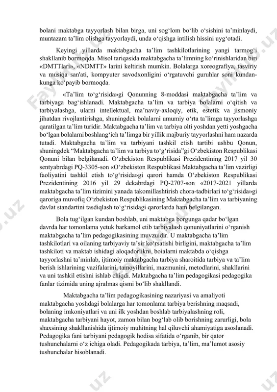 r deydi. ibn sino bilim olishda boialarni engildan og‘irga borish orqali bilim berish, olib boriladigan mashqlar bolalar yoshiga mos bo‘lishi, bilim berishda bolani qiziqishi va qobiliyatlarini hisobga olish, o‘qitishni jismoniy mashqlar bilan olib borish kerakligini uqtiradi. pedagogik fikrni rivojlanishida rus pedagogi k.d.ushinskiyning pedagogik, nazariy qarashlari «inson tarbiya predmeti sifatida» degan mukammal asarida bayon qilib berilgan. «ona tili», «bolalar dunyosi» kitoblari barchaga yaxshi ma’lum bo‘lib, u ta’limning ko‘rgazmaliligi, ongli va uzviy olib borish masalalarini ishlab chiqdi. pedagogika fan sifatida rivojlanishida chex pedagogi, olimi yan amos komenskiy (1592-1670)ning hissasi katta bo‘ldi. uning «buyuk didaktika» asari haqli ravishda pedagogika sohasida yaratilgan birinchi ilmiy asar hisoblanadi. undan tashqari «onalar maktabi» degan maktabgacha tarbiya qo‘llanmasi va bir qancha kitoblari diqqatga sazovordir. komenskiy o‘zining pedagogik nazariyasida tarbiyaning tabiatga uyg‘un bo‘lishi to‘g‘risidagi tushunchani ilgari suradi.pedagog bolani tarbiyalaganda, bog‘bon daraxtning biologik o‘sish qonuniyatini hisobga olgani kabi, undagi tabiiy bilish xususiyatlarini hisobga olishi shart, deydi.komenskiy o‘qishga hammaning tortilishini, hamma …