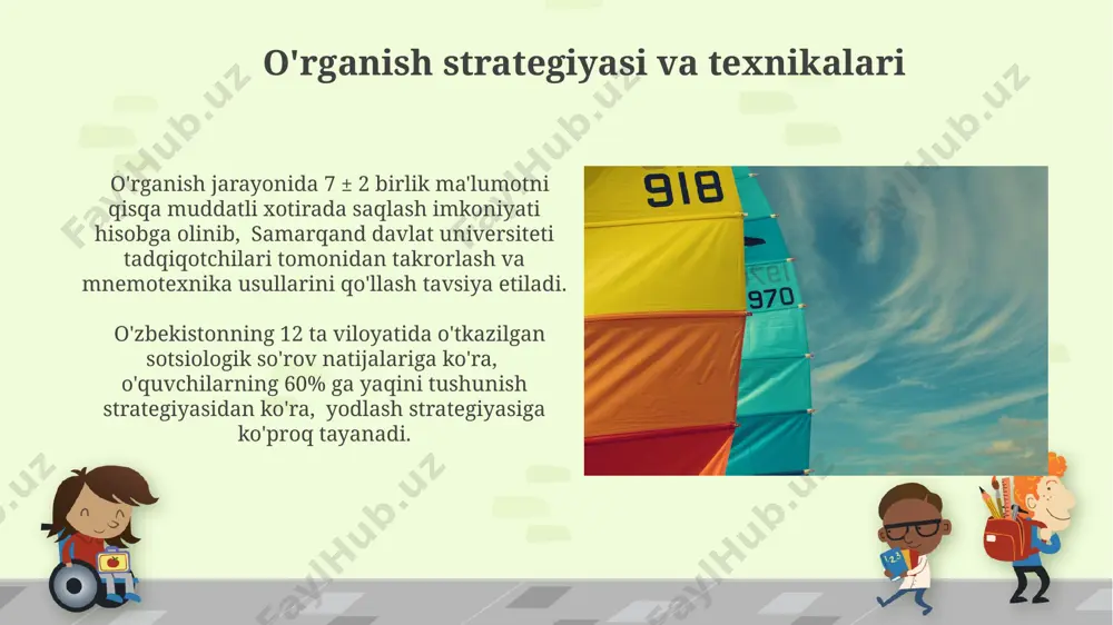 ar, masalan, ehtiyotkorlik yoki impulsivlik, 5 ta turli o'rganish strategiyasining samaradorligiga (masalan, takrorlash, tushunish) qarab, samarqanddagi eksperimentlarda aniqlandi. kognitiv uslublar tadqiqotlari shuni ko'rsatadiki, 70% dan ortiq o'quvchilar, masalan, toshkentdagi maktablarda, vizual yoki auditoriy o'rganish usullariga moyil bo'lib, ularning individual o'rganish samaradorligiga ta'sir ko'rsatadi. o'rganishda ijtimoiy ta'sir o'zbekistonning 2021-yilgi ta'lim sohasidagi tadqiqotlariga ko'ra, 5 yoshdan 7 yoshgacha bo'lgan bolalarda o'z tengdoshlari ta'siri natijasida 30% ga yaqin o'rganish samaradorligi kuzatilgan, bu ijtimoiy o'rganish nazariyasini tasdiqlaydi. ijtimoiy ta'sirning kognitiv jarayonlarga ta'siri, xususan, 10-15 yoshdagi o'smirlarda guruh bosimi tufayli 45% ga yaqin noto'g'ri qarorlar qabul qilinishi, samarqanddagi eksperimentlar natijalarida tasdiqlangan. fikrlash jarayonlari va muammo yechish muammo yechishda intuitiv fikrlash 70% hollarda samarali bo'lsa-da, mantiqiy fikrlash murakkab muammolarni (masalan, matematika sohasidagi masalalarni) hal qilishda 30% ko'proq aniq natijalar beradi. tokio universiteti tadqiqotchilari fikrlash uslublarini 5 turga ajratishgan va har bir tur muayyan turdagi muammolarni yechishda 15-25% farq bilan samaraliroq ekanligini aniqlashgan. e'tiboringiz uchun rahmat @taqdimot_robot …