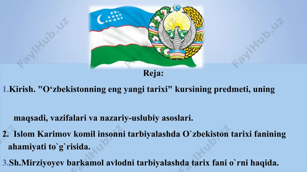 yasi o‘zbekiston respublikasining mustaqillik yillarida bosib o‘tgan yo‘lining mazmun-mohiyati va xususiyatlarini obektiv baholagan holda mustaqillik davrini quyidagi ikki bosqichga bo‘lib o‘rganish maqsadga muvofiq bo‘lar edi: birinchi bosqich 1) 1991–2016-yillar. bu davrda milliy davlatchilik asoslari va ijtimoiy yo‘naltirilgan bozor iqtisodiyotini yuzaga keltirishga qaratilgan o‘tish davrining dastlabki islohotlar jarayoniga ilk qadamlar qo‘yildi. demokratik an’analar asosida yangi davlat boshqaruv tizimi – qonun chiqaruvchi, ijro etuvchi va sud hokimiyati tashkil etildi hamda fuqarolik jamiyati asoslari yaratildi, erkin bozor iqtisodiyotiga o‘tila boshlandi. 2000-yildan mamlakatda faol demokratik yangilanish va modernizatsiyalash jarayonlari kuzatildi. jumladan, kuchli davlatdan – kuchli fuqarolik jamiyatiga bosqichma-bosqich o‘tish asosiy vazifa qilib qo‘yildi. natijada mamlakatning siyosiy va iqtisodiy hayotida demokratlashtirish va liberallashtirish jarayonlari chuqurlashdi, inson haq-huquqlari va erkinliklarini himoya qiluvchi mustaqil sud tizimi mustahkamlandi, fuqarolik jamiyati asoslari rivojlandi. 2010-yildan demokratik islohotlar va mamlakatni modernizatsiyalash jarayonini yanada chuqurlashtirish masalasi ilgari surildi ikkinchi bosqich 2) 2017-yildan keyingi yillar. bu davr tarixi 2016-yil dekabr oyida saylangan o‘zbekiston …