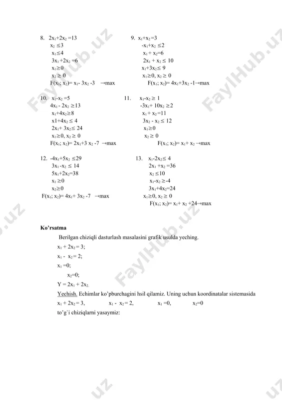 - 2 x4 = - 1, xj ≥ 0 j = 1,2,3,4. 2. x1 + x2 + 4 x3 → max, x1 + x2 + 4 x3 + 2 x4 = 2, x1 - x2 - 2 x3 = 0, xj ≥ 0 j = 1,2,3,4. 6 x1 + 3 x2 + 15 x3 + 24 x4 → min, 5 x1 + 4 x2 + 3 x3 - x4 ≤ 10, 2 x1 + x2 + 4 x3 + 8 x4 = 3, xj ≥ 0 j = 1,2,3,4. 3. 2 x1 - 11 x2 + x3 → max, x1 - x2 + x3 - x4 – 2x5 ≤ 10, 2 x1 - 2 x2 + x3 + 3 x4 + x5 = 7, xj ≥ 0 j = 2,4,5. x1 + x2 + 2 x4 → max, x1 + x3 + x4 = 4, - x1 – 2 x2 …