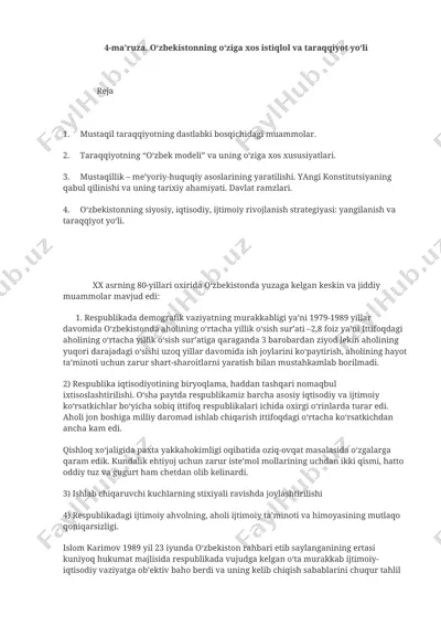 o‘zbekistonning o‘ziga xos istiqlol va taraqqiyot yo‘li — DOCX