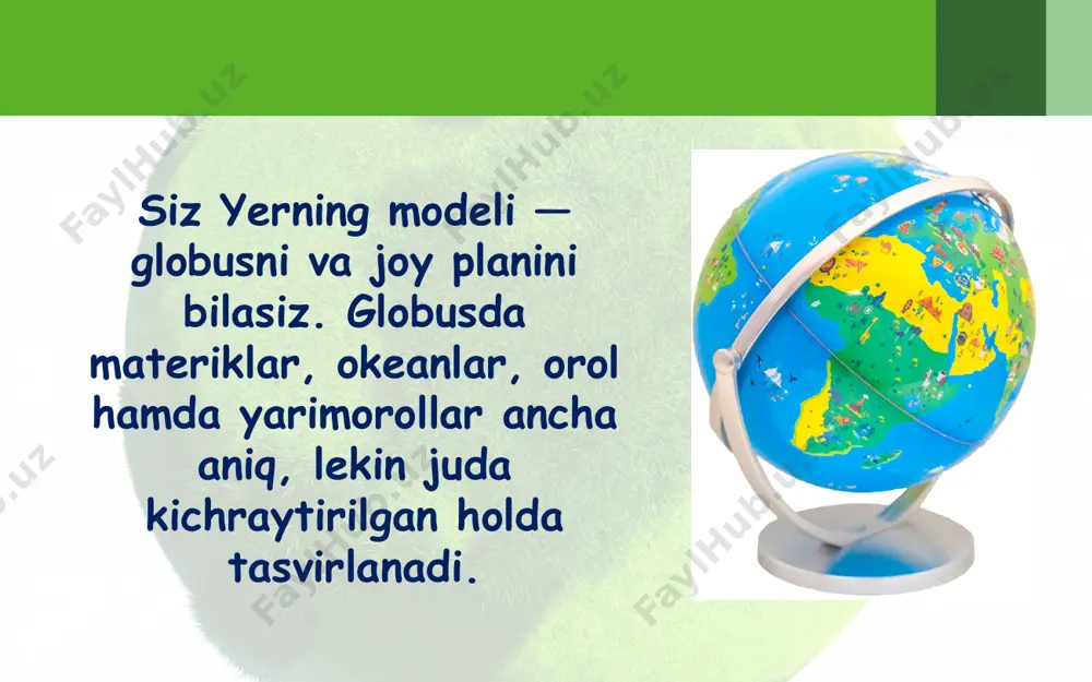 ar) tabiiy xaritalari, alohida materiklarning tabiiy xaritalari, ayrim davlat va o‘lkalarning tabiiy xaritalari xaritalarning shartli belgilari. xaritalarda turli predmet va hodisalarni tasvirlash uchun xaritaning o‘ziga xos tili hisoblangan shartli belgilardan foydalaniladi. xaritalarning shartli belgilari har bir rang qanday balandlikni bildirishi xaritaning shartli belgisida beriladi. bunday belgilar balandliklar shkalasi deb ataladi. balandlik lar shkalasi balandliklar shkalasidan foydalanib, hududning har bir nuqtasining balandligini aniqlasa bo‘ladi. chuqurliklar shkalasi ham shunday tuzilgan. image2.jpg image3.jpg image4.jpeg image5.jpg image6.jpeg image7.jpeg image8.png image9.jpeg image10.jpeg image11.png image12.png image13.jpeg image14.png image15.jpeg image16.png image17.jpeg image18.jpg image19.jpg image1.jpg