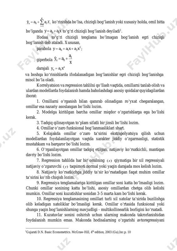 esa omil belgidir. omillarning har bir qiymatiga turli sharoitlarida natijaviy belgining har xil qiymatlari mos keladigan bog’lanish korrelyatsion bog’lanish yoki munosabat deyiladi. korrelyatsion bog’lanishning xarakterli xususiyati shundan iboratki, bunda omillarning to’liq soni noma’lumdir. shuning uchun bunday bog’lanishlar to’liqsiz hisoblanadi va ularni formulalar orqali taqriban ifodalash mumkin, xolos. umumiy holda qaralsa, korrelyatsion munosabatda erkin o’zgaruvchi x belgining har bir qiymatiga ( ,kixi 1,  ) erksiz o’zgaruvchi y belgining ( ..s jy j 1 ) taqsimoti mos keladi. o’z-o’zidan ravshanki, bu holda ikkinchi y belgining har bir qiymati ( jy ) ham birinchi x belgining ( ix ) taqsimoti bilan xarakterlanadi. agar to’plam hajmi katta bo’lsa, belgi x va y larning juft qiymatlari ix va jy ham ko’p bo’ladi va ulardan ayrimlari tez-tez takrorlanishi mumkin. bu holda korrelyatsion bog’lanish kombinatsion jadval (korrelyatsiya to’ri) shaklida tasvirlanadi. bog’lanishlar to’g’ri chiziqli va egri chiziqli bo’ladi. agar bog’lanishning tenglamasida omil belgilar (x1, x2, ..., xk) …