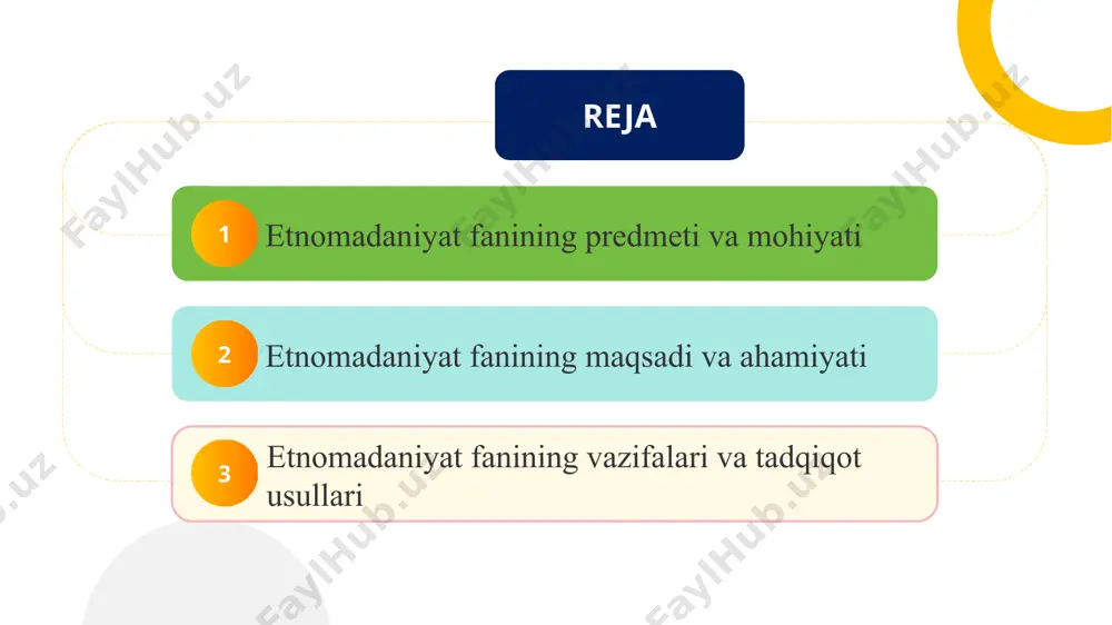 otdagi madaniy elementlar alohida ahamiyatga ega. ushbu obyektlarni o‘rganish orqali tadqiqotchilar xalqning madaniy merosi va ijtimoiy tuzilishi haqida to‘liq tushuncha hosil qiladilar. fan o‘rganishining subyekti esa tadqiqotchi va uning qo‘llaydigan metodlari hisoblanadi. tadqiqotchi etnomadaniyat ob’ektini kuzatish, intervyu, arxiv va etnografik materiallar tahlili orqali o‘rganadi. shu bilan birga, fan metodologiyasi milliy madaniyatni tizimli ravishda o‘rganish imkonini beradi, xususan, tarixiy, etnologik va antropologik usullar orqali. your title here \ predmetni o‘rganishdagi asosiy yo‘nalishlar quyidagilardan iborat: milliy urf-odat va an’analarni tizimli tahlil qilish, folklor va san’at orqali madaniy xususiyatlarni aniqlash, madaniy qadriyatlarni jamiyat hayotida saqlash va rivojlantirish yo‘llarini aniqlash. shu bilan birga, etnomadaniyatning zamonaviy muammolari va taraqqiyot yo‘nalishlari ham tadqiq etiladi, masalan, globalizatsiya sharoitida milliy madaniyatni saqlash va modernizatsiya qilish masalalari. etnomadaniyatning boshqa ijtimoiy fanlar bilan aloqasi ham muhimdir. masalan, etnologiya va antropologiya xalqning tarixiy va etnik xususiyatlarini o‘rganadi, sotsiologiya esa jamiyatdagi madaniy jarayonlarni tahlil qiladi. shu bilan birga, tarix, adabiyotshunoslik va san’atshunoslik …