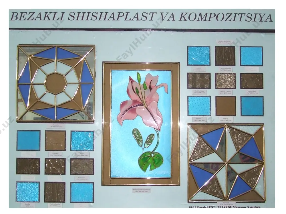 a-sekin sovutib olinadi. toblangan oynaning zarbiy va egilishdagi mustahkamligi oddiy oynaga nisbatan bir necha barobar yuqori. toblangan oyna vitrinalar, eshiklar, balkon, zinapoya to'siqlari va bo'lmalar tayyorlashda ishlatiladi. radioaktiv nurlarga bardoshli oynani shixta tarkibiga qo'rg'oshin, litiy, bor, kadmiy va tseziy oksidlari (0,25-1,5%) qo'shilib tayyorlanadi. bunday oynalar atom elektrostantsiyalarida, reaktor qurilmalari xonalarida, izotoplar tayyorlaydigan korxonalarda ishlatiladi. ko'p qavatli oyna (tripleks) oddiy va armaturalangan bo'lib, asosiy va oraliq (amortizatsiyalovchi) qatlamlardan iborat. bu oyna turi sindirilganda maydalansa ham sochilib ketmaydi. issiqqa bardoshli oyna borosilikatli bo'lib, tarkibida bor, rubidiy va litiy oksidlari bo'ladi. bu oyna turi 2000s haroratga chidaydi va haroratdan chiziqli kengayish koeffitsienti oddiy oynadan 2-3 marta kam bo'ladi (2-4.10-6 0s). 5 bezash oynasi bezash oynasi me'morchilik, dekoratsiya ishlarini bajarishda ishlatiladi. bezash oynasi rangli, yorqin, yaltiroq, atmosfera muhitiga chidamli va mustahkam bo'lishi kerak. bezash panellari oynasi (stemalit) toblangan polirovkalangan qalin oyna (6 mm) ichki yuzasiga rangli keramik bo'yoqlar qoplamasi surtilib olinadi. stemalit jamoat binolari-mehmonxonalar, …