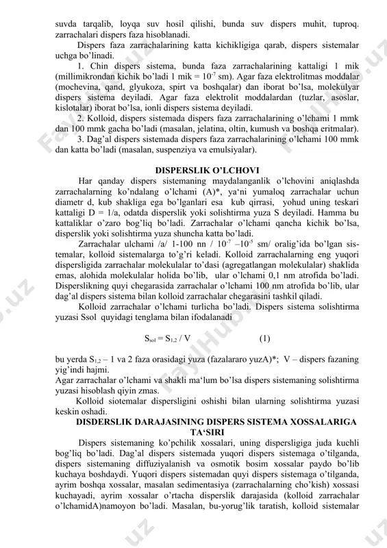 ming yillar ilgari yashab tadqiqot ishlari bilan shug’ullangan buyuk allomalar abu ali ibn sino, abu rayhon beruniy va boshqalar, dori-darmonlar tayyorlashda, kristallar xossalarini o’rganishda kolloid-kimyoviy jarayonlardan foydalanishga va bu uslublarni takomillashtirganlar. 1752 yilda m.v.lomonosov rangli shishalar ishlab chiqarishda, oltinning kolloid eritmasini tayyorlab ishlatgan. rossiya olimlaridan t.ye.lovitsning 1789 yili faollashtirilgan ko’mirning yutish xususiyatini aniqlashi, adsorbsiya hodisasini kashf etishi, a.musinning 1797 yilda simob metalining suvdagi kolloid eritmasini hosil qilishi, i.g.borshchovning 1869 yili kolloid eritmalardagi zarrachalarning kristall tuzilishga ega ekanligi va kolloid mitsella haqida tushuncha berishi va boshqalar, kolloid kimyoning har tomonlama rivojlanishiga yo’l ochib berdi. kolloid kimyoni rivojlantirishda chet ellik olimlarning ham xizmati katta. italiyalik kimyogar f.selmi 1845 yilda turli xil eritmalarning (sut, zardob, qon, yelim, jelatina, kraxmal va boshqa) xossalarini o’rganib, ularning xususiyatlari chin eritmalardan tubdan farq qilishini aniqladi. 1861 yildan boshlab ingliz kimyogari t.grem qon, yelim, kraxmal va boshqa eritmalar xossalarini batafsil. o’rganib, ularning yomon diffuziyalanishi, o’simlik hamda hayvon membranalaridan …