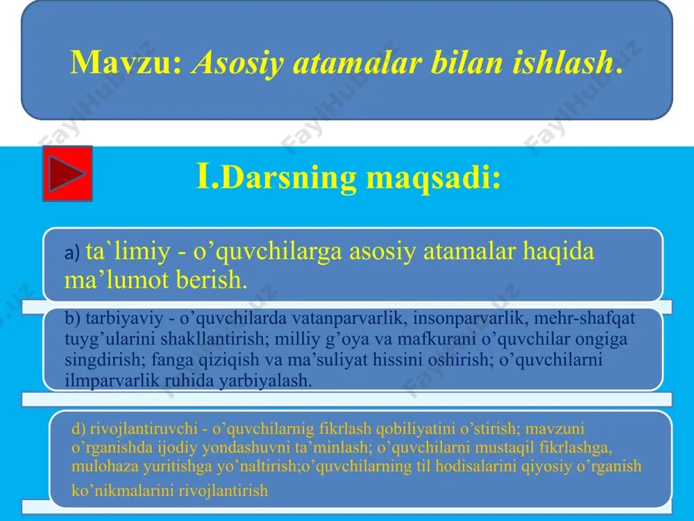 shqotirma”, magnit, doskas, bo’r ii.o`tilgan mavzuni takrorlash: aqliy hujum metodi: uyushiq bo`lak deb qanday gapga aytiladi? gap bo`laklari uyushish xususiyatiga egami(misol bilan tushuntiring)? uyushiq bo`laklarda kelishik qo`shimchasi har biriga qo`shilsa,qanday ma`no anglashiladi? birinchi darajali bo`laklarning uyushib kelishi haqida gapiring? uyushiq bo`laklar orasiga qanday tinish belgisi qo`yiladi? qaysi sintaktik atama sanash ohangi bilan aytiladi? ikkinchi darajali bo`laklarning uyushib kelishi haqida so`zlab bering? @umirov_tilshunos 8.uyushiq bo`laklar qanday vositalar orqali bog`lanadi? 9.ajratilgan bo`lak deb qanday gapga aytiladi? 10.ajratilgan bo`lak gapda qanday tinish belgilari bilan ifodalanadi? 11.ajratilgan bo`lakning qanday turlarini bilasiz? 12.ajratilgan egaga misol ayting? 13.ajratilgan izohlovchi haqida so`zlab bering? 14.uyushiq bo`lak bilan ajratilgan bo`lakning o`xshash tomonlari va farqli tomonlari haqida gapirib bering? @umirov_tilshunos iii.yangi mavzu bayoni: atama -so`zi keng ma`noda bo`lib,geografik obyektlar,atoqli nomlarga nisbatan ishlatiladi. asosiy atama-ma`lum bir fan sohasida qo`llaniladigan atamalarga nisbatan ishlatiladi.masalan:hozir biz darslikda asosiy atamalar deganda,faqat ona tiliga oid atamalar bilan ishlaymiz. @umirov_tilshunos 212-mashq.o`zingiz bilimingizga tayangan holda atamalar yozib, guruhlashtiring …
