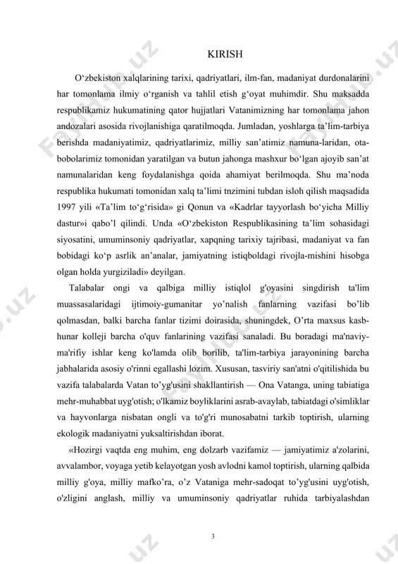 goglar darajasiga erishuvini ta’minlashni davrning o’zi taqoza qilmoqda. albatta, bu borada tasviriy san’atning barcha tur mashg’ulotlari qatori “tasviriy san’at asarlaridan nusxa ko’chirishva ” darslariningining ham alohida ahamiyati bor. ushbu bitiruv-malakaviy ishi mavzusining dolzarbligi shundaki, unda san’at yo’nalishidagi kasb-hunar kollejlarida o’tiladigan bu mashg’ulotlarni xozirgi davr talablaridan kelib chiqqan holda yangicha pedagogik texnologiyalar asosida o’tishning uslublari ishlab chiqiladi, va u amaliy mashg’ulotni bajarish bilan mustahkamlanadi. shuningdek, mavzuni yoritish mobaynida san’atning yosh avlodlarni milliy istiqlol g’oyasi hamda vatanprvarlik ruhida tarbiyalashdagi beqiyos imkoniyatlari va undan aynan ana shu mavzu doirasida foydalanishning o’ziga hos tomonlariga to’xtalib o’tiladi. mavzuning o’rganilganlik darajasi. bitiruv-malakaviy ishda ko’rilayotgan muammo ilgari ham har tomonlama o’rganilib chiqilgan va amaliyotga joriy qilingan. masalan, bu muammolar yechimi s.abdirasilov, b.boymetov, n.tolipov tomonidan 2006 yilda chop etilgan “tasviriy san’at”o’quv qo’llanmasida, k.hamidova muallifligida tuzilgan “tasviriy san’at maxsus metodikasi (ma’ruzalar matni) kabi qo’llanmalarida atroflicha ishlab chiqilgan. ammo bu mavzu doirasida o’qitishning zamonaviy texnologiyalarini qo’llash hali to’liq ishlab chiqilmagan. …