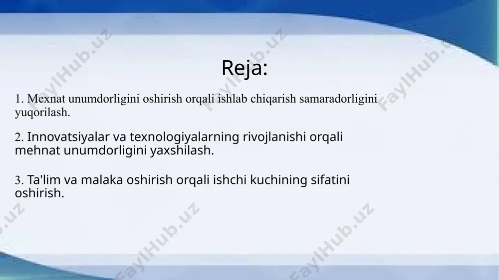 ishchilarning samaradorligi oshadi. masalan, zamonaviy kompyuter tizimlari va sun'iy intellekt yordamida ish jarayonlari tezlashadi va xatoliklar kamayadi. bu esa nafaqat ishlab chiqarish samaradorligini oshiradi, balki ishchilarning vaqtini va resurslarini tejashga imkon beradi. innovatsiyalar yordamida yangi mahsulotlar va xizmatlar yaratish, shuningdek, raqobatbardoshlikni kuchaytirish orqali iqtisodiy o‘sish tezlashadi. innovatsiyalar va texnologiyalarning rivojlanishi mehnat unumdorligini oshirishda muhim ahamiyatga ega. yangi texnologiyalarni ishlab chiqarishga joriy etish, avtomatlashtirish va raqamli tizimlarni qo‘llash ish jarayonlarini tezlashtiradi va optimallashtiradi. masalan, robototexnika va sun'iy intellekt yordamida ko‘plab qo‘lda bajariladigan ishlar avtomatlashtiriladi, bu esa ishchilarning yuksak unumdorlik bilan ishlashiga imkon yaratadi. texnologik yangiliklar, shuningdek, ishlab chiqarishda yuqori sifatli materiallardan foydalanishni ta'minlab, mahsulot sifatini oshirishga yordam beradi. innovatsiyalar yordamida ishlab chiqarishdagi resurslarni samarali boshqarish, vaqt va xarajatlarni qisqartirish imkonini beradi, bu esa natijada ishlab chiqarish samaradorligini oshiradi. innovatsiyalar va texnologiyalarning rivojlanishi mehnat unumdorligini yaxshilashda katta ahamiyatga ega. yangi texnologiyalarni qo‘llash ishlab chiqarish jarayonlarida samaradorlikni oshiradi va ishchilarni eng zamonaviy vositalar …