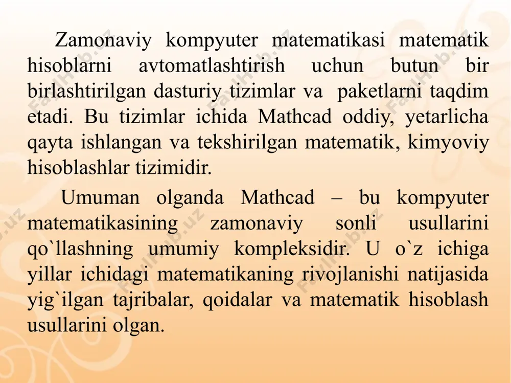 panel vositalari. colculator (kolkulyator) – asosiy matematik operatsiyalar shabloni; graph (grafik) – grafiklar shabloni; matrix (matritsa) – matritsa va matritsa operatsiyalarini bajarish shabloni; evluation (baholash) – qiymatlarni yuborish operatori va natijalarni chiqarish operatori; colculus (hisoblash) – differentsiallash, integrallash, summani hisoblash shabloni; boolean (mantiqiy operatorlar) – mantiqiy operatorlar; programming (dasturlashtirish) – dastur tuzish uchun kerakli modullar yaratish operatorlari; greek (grek harflari) -symbolik belgililar ustida ishlash uchun operatorlar. image2.png image3.png image4.png image5.png image6.png image7.png image8.png image9.png image10.png image11.png image12.png image1.jpeg /docprops/thumbnail.jpeg