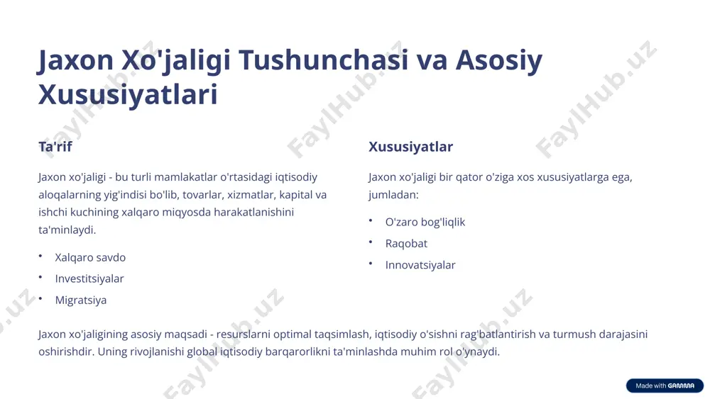'jaligining kelajagini belgilab beradi. raqamli iqtisodiyot elektron tijorat va raqamli xizmatlarning o'sishini ta'minlaydi, sun'iy intellekt esa ishlab chiqarish va xizmat ko'rsatish sohalarida avtomatlashtirishni kuchaytiradi. 7 rivojlangan va rivojlanayotgan mamlakatlar o'rtasidagi farqlar 1 yuqori daromad 2 sanoatlashgan iqtisodiyot 3 yuqori texnologiyalar 4 inson kapitali rivojlangan va rivojlanayotgan mamlakatlar o'rtasida iqtisodiy rivojlanish darajasi, daromadlar, sanoatlashuv darajasi va texnologiyalar bo'yicha katta farqlar mavjud. rivojlangan mamlakatlar yuqori daromad, sanoatlashgan iqtisodiyot, yuqori texnologiyalar va inson kapitaliga ega. rivojlanayotgan mamlakatlar esa aksincha, past daromad, agrar iqtisodiyot, past texnologiyalar va inson kapitali yetishmasligiga ega. 8 o'zbekistonning jaxon xo'jaligidagi o'rni geografik o'rni markaziy osiyoda strategik joylashuv. tabiiy resurslar gaz, neft, oltin va boshqa qazilmalar. mehnat resurslari malakali ishchi kuchi. o'zbekiston jaxon xo'jaligida muhim o'rin egallaydi. uning geografik o'rni, tabiiy resurslari va mehnat resurslari mamlakatning iqtisodiy rivojlanishi uchun katta imkoniyatlar yaratadi. o'zbekiston jaxon savdosida ishtirok etadi, investitsiyalarni jalb qiladi va xalqaro tashkilotlar bilan hamkorlik qiladi. mamlakatning jaxon xo'jaligidagi o'rni …