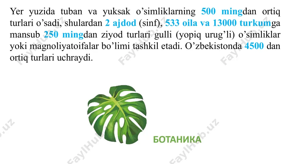 tdi: 1665 yili fanda birinchi bo’lib, o’simliklarni hujayralardan tashkil topganligini isbotladi. keyinchalik italiyalik m. malpigi, ingliz olimi n. gryu bir vaqtni o’zida, bir-biridan mustasno o’simliklarni ichki tuzilish (hujayra, to’qima)larini yozib, ularni ahamiyatini tushuntirishga harakat qildi. mashhur shved tabiatshunosi karl linney (1707-1778) “botanika falsafasi” (1751) degan kitobida mingga yaqin atamalarni tuzadi, gul va barg tuzilishini tasvirlaydi. linney o’zi tuzgan atamalar asosida 1753 yili “species plantarum” (o’simlik turlari) degan mashhur asarni bunyod etadi. xvi asrning oxiridan va xviii asrning boshlarigacha taqqoslash uslubini qo’llash organlarining metamorfozi natijasida to’g’risidagi o’simlik ta‘limot maydonga keldi. bu ta‘limot f. volf (1733-1794) va mashhur nemis shoiri va tabiatshunosi n.v. gyote (1749- 1832) ayniqsa, o.p. dekandol va boshqalarni nomi bilan bog’liq. botanika fanining rivojlanish tarixi shvetsariyalik botanik o.p. dekandol (1771-1841) o’simliklarni tuzilish qonuniyatlarini o’rgandi. masalan, gul shaklan o’zgargan novda, kurtaklarini bo’g’in oralig’i qisqargan, changchilar shaklan o’zgarib tojbarglarga aylangan. botanika fanining taraqqiyotida mashhur tabiatshunos va evolyutsion ta‘limotga birinchi bo’lib asos …