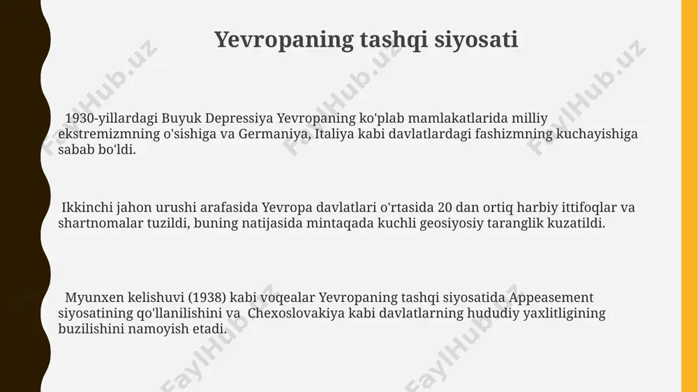 n'at, adabiyot va ta'limda milliy gʻoyalarni targʻib qilish bilan birga, boshqa madaniyatlarni chetlatishga olib keldi. 1920-yillarning "yangi ayollar" harakati germaniya va frantsiya kabi mamlakatlarda ayollarga siyosiy va ijtimoiy huquqlarni kengaytirishga qaratilgan edi, bu esa an'anaviy jamiyat tuzilmalariga qarshi chiqishni anglatadi. ikki jahon urushi oraligʻidagi aqsh iqtisodiyoti 1920-yillar davomida aqshning avtomobil sanoati, detroyt kabi shaharlarda tez sur'atlar bilan rivojlangan va millionlab ish o'rinlarini yaratgan, ammo 1930-yillarning boshlarida buyuk depressiya bu sohani ham jiddiy zarba qoldirgan. ikki jahon urushi oraligʻida aqsh yalpi ichki mahsuloti (yaim) 1929 yildagi buyuk depressiyadan keyin keskin pasaygan, ammo 1933 yildan keyin nyudil bitimi va keyingi davlat dasturlari natijasida asta-sekin tiklana boshlagan. aqshning qishloq xo'jaligi 1920-yillarda ortiqcha ishlab chiqarish muammosiga duch kelgan, bu esa narxlarning keskin pasayishiga va fermerlarning qashshoqlashuviga olib kelgan; bu esa, dust bowl deb nomlangan chang bo'roni bilan yanada kuchaygan. e'tiboringiz uchun rahmat @taqdimot_robot