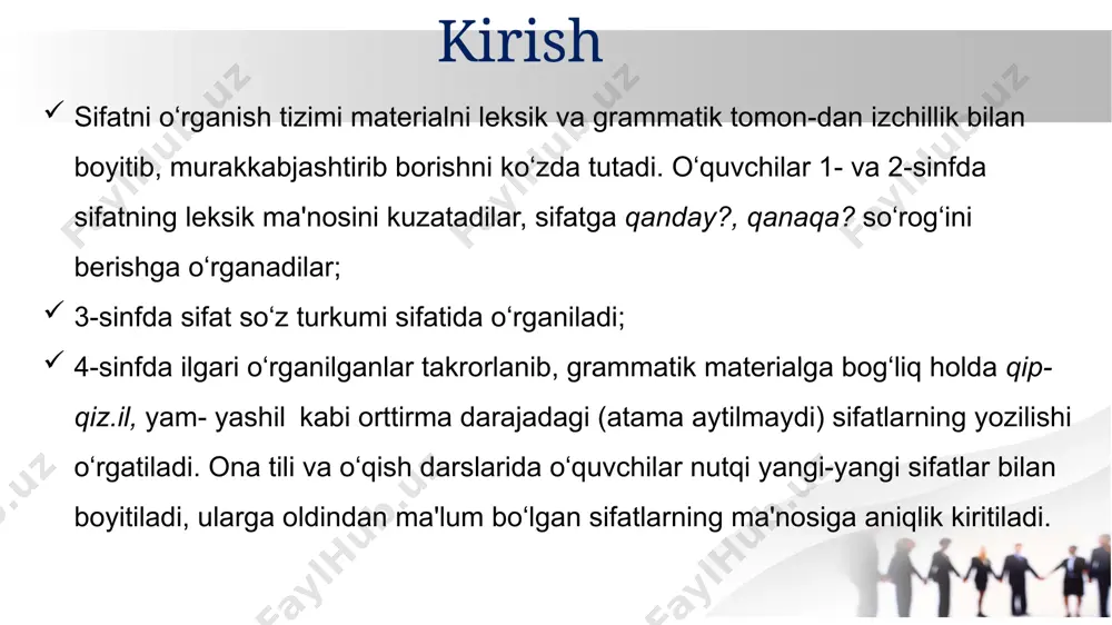 asini topib) aytish va yozish; 4) tayanch so‘zlar va rasm asosida gap yoki kichik hikoya tuzish. sifatning leksik ma'nosi bilan birga uning xarakterli grammatik xususiyatlari ham qayd etiladi. sifatlarning xususiyatlarini umuinlashtirish asosida o‘quvchilar uning so‘z turkumi sifatidagi o‘ziga xos ko‘rsatkichlarini ajratadilar: a) predmet belgisini bildiradi, b) qanday? yoki qanaqa? so‘rog‘iga javob bo‘ladi, d) gapda otga bog‘lanib, shu ot bilan so‘z birikmasi hosil qiladi, ikkinchi darajali bo‘lak vazifasida keladi. bu sinfda og‘zaki va yozma ijodiy ishlar (maktab bog‘i yoki parkka ekskursiya vaqtida kuzatilgan daraxt, qushlar, hayvonlarni tasvirlab kichik hikoya tuzish kabilar)ga katta o‘rin beriladi. ii bob. sifat so‘z turkumini o‘rganish jarayonida o‘quvchilar nutqini o‘stirish asosidagi metodlar. 2.1. sifat so‘z turkumini o‘rganishda interfaol metodlar. o‘quvchilarning sifatning leksik ma'nosi haqidagi tushunchalarini chuqurlashtirish va predmetni bar tomonlama tasvirlash malakasini o‘stirish uchun: berilgan predmetlarning rangi, mazasi, shakli, xususiyatini ifodalaydigan sifatlar tanlash va yozish: qanday? shaftoli — shirin, suvli, tuksiz shaftoli. qanday? kitob qalin, qiziqarli kitob; …