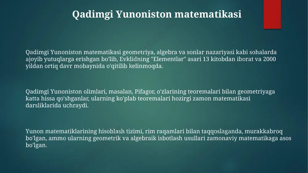 avjud bo'lib, evklid geometriyasining asoslarini tizimli ravishda bayon etadi. "elementlar" 13 jilddan iborat bo'lib, geometriya, sonlar nazariyasi va irratsional sonlar haqida muhim ma'lumotlarni o'z ichiga oladi. "elementlar"da parallel to'g'ri chiziqlar aksiomasi kabi asl geometrik tushunchalar va ularning isbotlari keltirilgan. "elementlar" asarining ahamiyati "elementlar" geometriya, sonlar nazariyasi va boshqa matematik sohalar bo'yicha 13 kitobdan iborat bo'lib, 2000 yildan ortiq vaqt davomida matematik ta'limning asosiy manbai bo'lib xizmat qildi. ushbu asar evklid geometriyasining aksiomalar sistemasini, teoremalarini va isbotlarini o'z ichiga olib, matematik mantiqning rivojlanishiga katta ta'sir ko'rsatdi va ko'plab keyingi matematik ishlarning asosini tashkil etdi. "elementlar"da ifodalangan geometrik tushunchalar va teoremalar, masalan, pifagor teoremasi kabi, hozirgi zamon fan va texnologiyalarida ham keng qo'llaniladi va matematikaning muhim qismini tashkil etadi. evklid geometriyasining printsiplari ushbu asarda evklid geometriyaning 5 ta postulatini bayon qilib, ulardan kelib chiqadigan 465 ta teoremalarni isbotlaydi. kitobda nuqta, to'g'ri chiziq, tekislik kabi asosiy geometrik tushunchalar aniqlanib, ular orqali murakkab geometrik …
