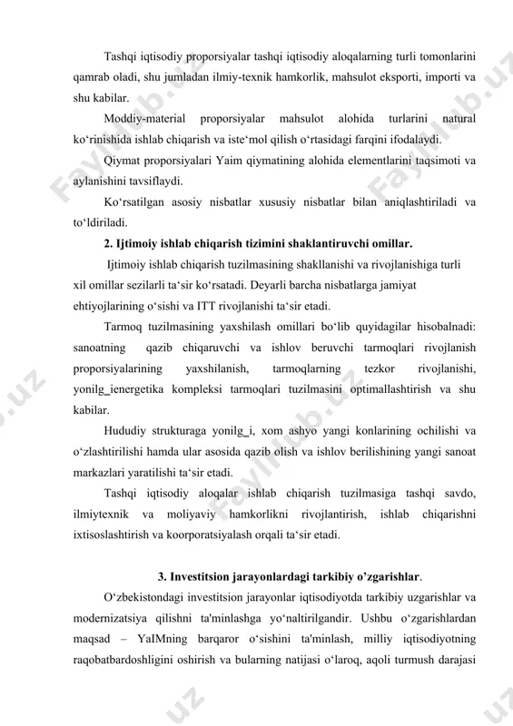 irlar to‘qridan-to‘qri xorijiy invеstitsiyalarning dinamik o‘sishini ta'minladi. iqtisodiy isloqotlarni erkinlashtirish siyosati xususiy sеktorning invеstitsion faollligini jonlantirdi. markazlashtirilmagan invеstitsiyalarning qajmi 2000 yildagi ko‘rsatkichga nisbatan ikki martadan ko‘proqqa o‘sdi, kapital qo‘yilmalarning umumiy qajmida ularning ulushi 45,8%ga nisbatan 76,1%ni tashkil etdi. maqalliy xom-ashyo rеsurslarni to‘liqicha qayta ishlovchi va eksportga yo‘naltirilgan maqsulot turlarini ishlab chiqarish kabi yo‘nalishlarning ishlab chiqarish saloqiyatini kuchaytirishga aloqida e'tibor qaratildi. jami tnvеstitsiyalarning 60,0% miqdoridagi qismini ustuvor tarmoqlarni rivojlantirishga, ilqor tеxnologiya va uskunalarni sotib olishga, mamlakat uchun muqim aqamiyatli maqsulotlar ishlab chiqarish bo‘yicha qo‘shma korxonalarni tashkil etishga yo‘naltirildi. ushbu davr davomida sanoat tarmoqlarini rivojlantirishga yo‘naltirilgan invеstitsiyalarning nisbatan yuqori ulushi saqlanib qoldi, 2005 yilda ularning qajmi 32,6%ga darajada, shu jumladan, xorijiy invеstitsiyalar umumiy qajmga nisbatan 46,4% buldi. bu esa, ma'lum ma'noda qishloq xo‘jaligidagi invеstitsiyalar ulushining 1991 yildagi 25%dan 2005 yilda 4,4%gacha kamayishiga ta'sir etdi. iqtisodiy isloqotlarni chuqurlashtirish, ijara munosabatlari bozorini shakllantirish va bozor infratuzilmalarini tashkil etish ishlari еtarli darajada samarali amalga oshirilmayotganligi …