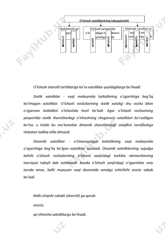 qlash va qisman yoki butkul bartaraf etish mumkin bo‘ladi. muntazam xatoliklarning asosiy guruhlari quyidagilar hisoblanadi: uslubiy xatoliklar; asbobiy (qurilmaviy) xatoliklar; subyektiv xatoliklar. o‘lchash usulining nazariy jihatdan aniq asoslanmaganligi natijasida uslubiy xatolik kelib chiqadi. o‘lchash vositalarining konstruktiv kamchiliklari tufayli kelib chiqadigan xatolik asbobiy xatolik deb ataladi. masalan: asbob shkalasining noto‘g‘ri graduirovkalanishi (darajalanishi), qo‘zg‘aluvchan qismning noto‘g‘ri mahkamlanishi va hokazolar. subyektiv xatolik - kuzatuvchining aybi bilan kelib chiqadigan xatolikdir. umumiy xatolikning ikkinchi tashkil etuvchisi - tasodifiy xatolik bo‘lib, bir xil sharoitda, bir kattalikni takror o‘lchashlarda tasodifan o‘zgaruvchan xatolikdir. o‘lchash jarayonida qo‘pol (o‘tkinchi) xatolik yoki yanglishuv xatolik ham hosil bo‘lishi mumkin-ki, bu xatolik ham tasodifiy kattalikning bir turkumi hisoblanadi. qo‘pol xatolik asosan operator (kuzatuvchi)ning xatosi bilan yoki uning asbob ko‘rsatishini noto‘g‘ri kuzatib yozib olishidan, hamda o‘lchashni o‘tkazish sharoitini keskin o‘zgarishidan kelib chiqadi. qo‘pol xatolikni ko‘pincha o‘lchash natijalarini qayta ishlashda hisobga olinmaydi. 2.5.2 мунтазам хатоликлар ва уларнинг турлари muntazam xatolikni, uni keltirib chiqaruvchi sababi, o‘lchash …