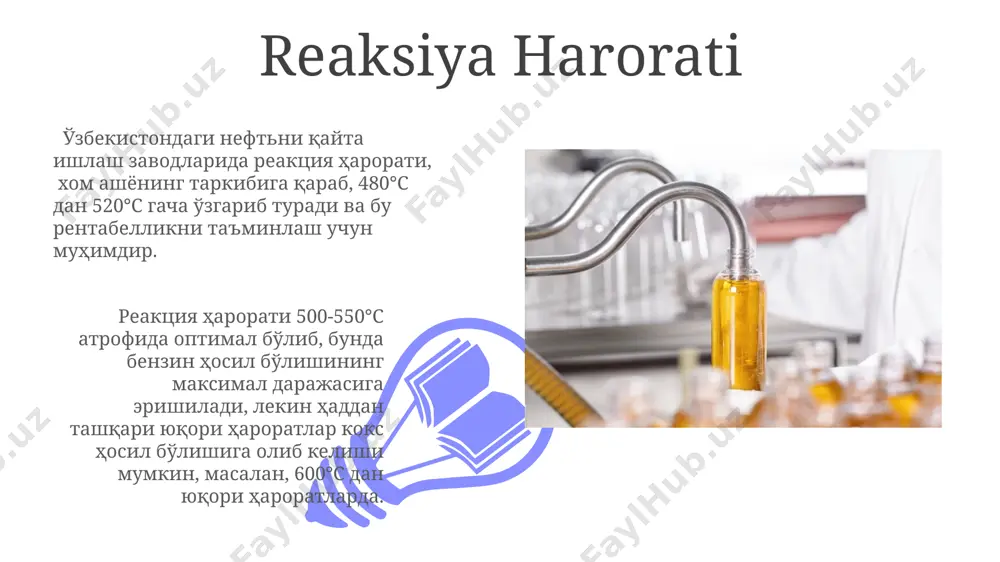 ь заводидаги таҳлиллар, табиий газ конденсатида ароматик углеводородлар миқдори 15-25% ни ташкил этишини, бунинг каталитик риформинг самарадорлигига таъсирини кўрсатади. metallar ta'siri каталитик риформинг жараёнида металлар таъсири натижасида бензиннинг октан сони 92 дан 98 гача ошиши мумкин, бу эса жанубий кореянинг нефть-кимё заводларида амалий қўлланилмоқда. платина ва палладий каби металлларнинг 0,3-0,6% миқдоридаги катализаторларга қўшилиши, узбекистоннинг нефть қайта ишлаш заводларида юқори сифатли бензин олиш имконини беради. oltingugurtli birikmalar ta'siri farg'ona vodiysidagi neft konlaridan olingan xom ashyoda oltingugurtli birikmalarning yuqori miqdori (2-3%) katalitik reforming jarayonining optimal haroratini 500°c dan 550°c gacha oshirishni talab qiladi va bu yoqilg'i sifatiga ta'sir qiladi. oltingugurtli birikmalar miqdori 0,5% dan oshganda, platina katalizatorining faolligi 15-20% ga kamayishi kuzatiladi, bu esa o'zbekiston neftni qayta ishlash zavodlarida ishlab chiqarish samaradorligiga salbiy ta'sir ko'rsatadi. sifat nazorati 01 02 нафтанинг кимёвий таркиби ва унинг қайнаш нуқталари (150-200°c) сифатнинг асосий параметрлари ҳисобланиб, бу параметрлар фарғона водийсининг нефтининг сифатини белгилайди. sales 1st qtr 2nd …