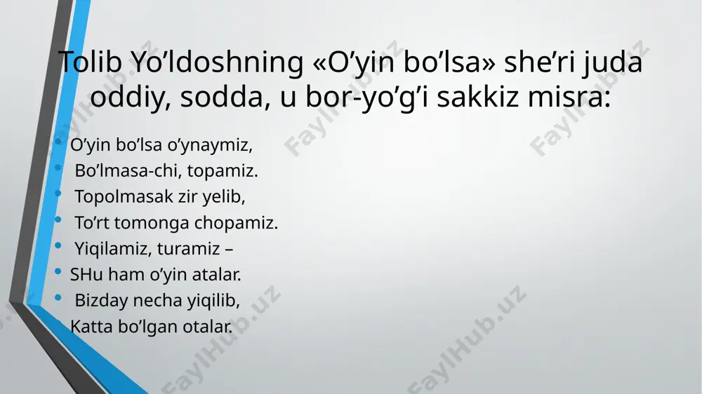 oratlarni takrorlashga hozirlanadilar. bu yoshdagi bolalarga xalqimizning shonli tarixi, bugungi hayoti haqida yozilgan turli janrdagi asarlarni tavsiya etish mumkin. «shiroq», «to’maris», «spitamen» kabi afsonalar bilan birga oybek, g’afur g’ulom, zafar diyor, quddus muhammadiy, hakim nazir, shukur sa’dulla, anvar obidjon va boshqalarning zamonaviy mavzudagi eng yaxshi asarlari muhim tarbiyaviy ahamiyat kasb etadi. ko’rib o’tganimizdek, bolalar adabiyoti o’ziga xos xususiyat-lari bilan kattalar adabiyotidan farq qiladi. bolalar yozuvchisi dunyo voqealarini bolalar tasavvuri, tushunchasini nazarda tutib tasvirlaydi. shu orqali kichkintoylarni olg’a intilishga chaqiradi e’tiboringiz uchun rahmat /docprops/thumbnail.jpeg