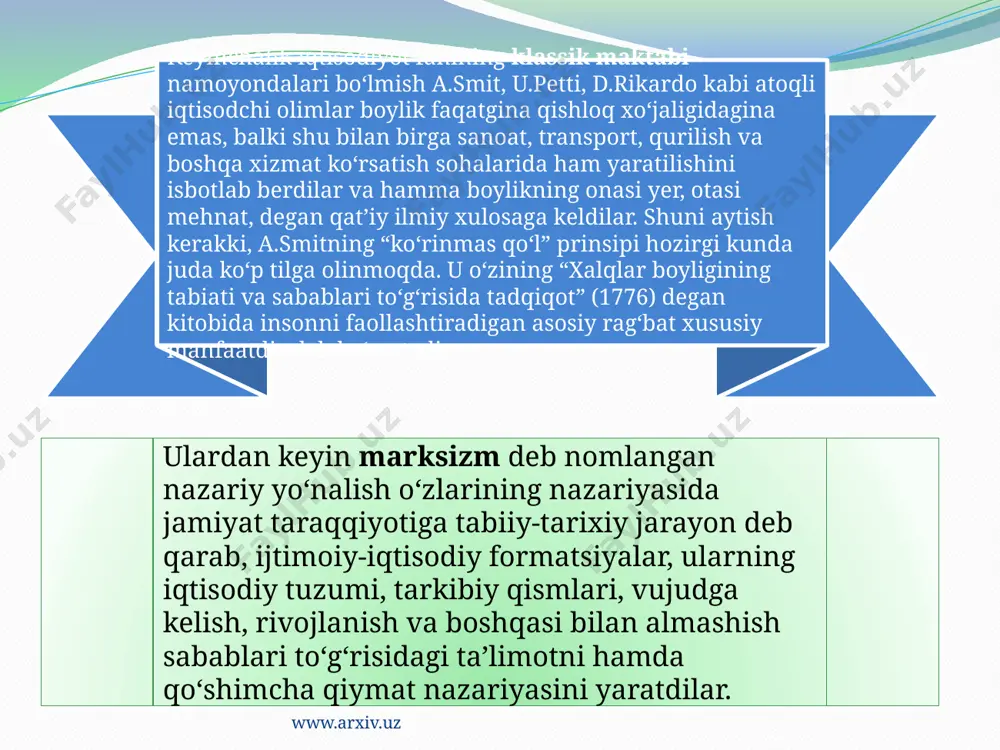 sabatlarni, ijtimoiy xo‘jalikni samarali yuritish qonun-qoidalarini o‘rganishdan iborat iqtisodiyot nazariyasi fanining vazifasi bilish vazifasi amaliy vazifa uslubiy vazifa g`oyaviy-tarbiyaviy vazifa www.arxiv.uz www.arxiv.uz bilish vazifasi - har qanday fan kabi iqtisodiyot nazariyasi ham fundamental ahamiyatga ega: jamiyatda insonlarning tabiat ashyolari, boshqa moddiy ashyolar hamda o‘zaro bir-birlari bilan aloqalarida vujudga keladigan iqtisodiy munosabatlarni tadqiq etib, bizni o‘rab turgan olam to‘g‘risidagi fikrlarimizni kengaytiradi amaliy vazifa – amaliy iqtisodiyotning asosiy maqsadi cheklangan resurslardan unumli foydalanib iqtisodiy o‘sishni ta’minlash va shu asosda o‘sib boruvchi ehtiyojlarni qondira borishdan iborat. shu maqsaddan kelib chiqib, cheklangan turli xil resurslarning har bir birligi evaziga ko‘proq tovarlar ishlab chiqarish va xizmatlar ko‘rsatishni ta’minlash, har bir faoliyat turi bo‘yicha xarajatlar miqdori bilan erishilgan samara, ya’ni tovar va xizmatlar miqdorini taqqoslash, resurslardan unumliroq foydalanish yo‘llarini topishdan iboratdir; uslubiy vazifasi – iqtisodiyot nazariyasi fanining o‘zi, tahlili va uning tamoyillari, olingan xulosalar, tadqiq etilayotgan iqtisodiy qonunlar boshqa ijtimoiy va tarmoq fanlari uchun uslubiy asos …
