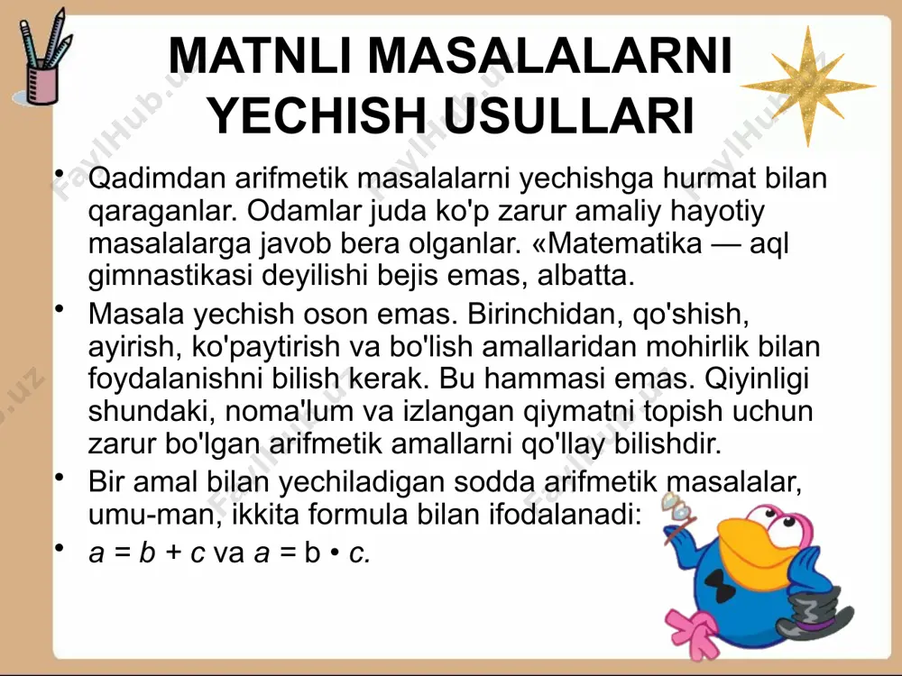 ikkita piyolaga (x + (x -380)) x x 2 g suv ketadi. kosa va ikkita piyolaga 740 g suv ketgani uchun x + (x - 380) -2 = 740 tenglama tuzish mumkin. uni yechib x = 500, ya'ni kosaga 500 g suv ketishi topiladi. 2. usul. piyolaga x g suv ketsin, u holda kosaga (x + 380) g suv ketadi, ikkita piyolaga 2 x g suv ketadi. kosa va ikkita piyolaga ((x + 380) + 2x) g suv ketadi. kosa va ikkita piyolaga 740 g suv ketganligi uchun (x + 380) + 2 x = 740 tenglama tuzish mumkin. uni yechib, x = 120 topiladi. kosaga qancha suv ketishini topish uchun x ning topilgan qiymatini x + 380 ifodaga qo'yiladi. u holda 120 + 380 = 500. demak, kosaga 500 g suv ketadi. 3. usul. kosaga x g suv, bitta piyolaga y g suv ketsin, u holda ikkita piyolaga 2y …