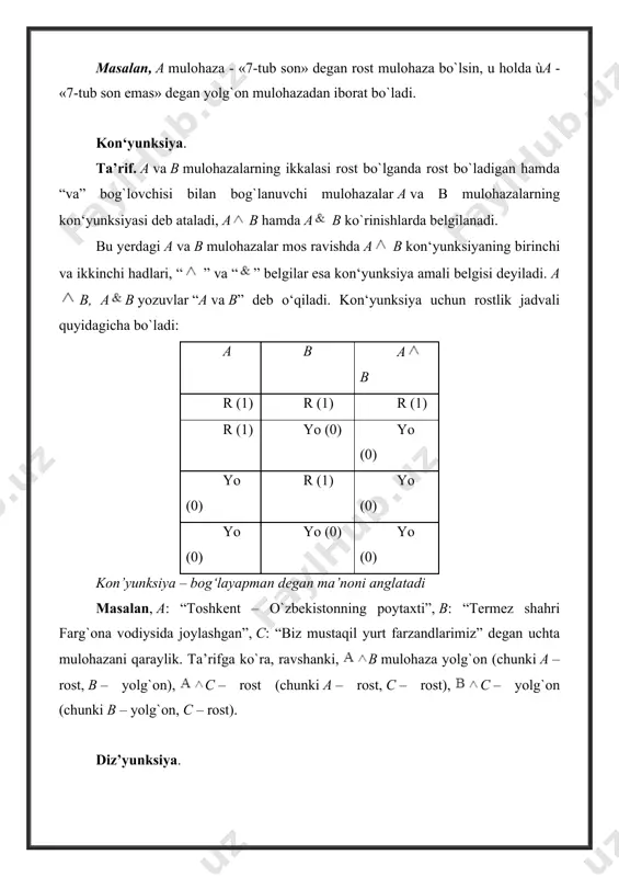 a b r(1) r(1) r(1) r(1) yo(0) yo(0) yo(0) r(1) r(1) yo(0) yo(0) r(1) implikatsiya so`zi mahkam bog`layapman degan ma’noni anglatadi. masalan, 1) “agar 72 soni 9 ga karrali bo`lsa, u holda bu son 3 ga ham karrali bo`ladi”. bu rost implikatsiya. 2) “agar bo`lsa, u holda bo`ladi”, implikatsiyasi yolg`on, chunki shart – rost, yolg`on. ekvivalensiya. tа’rif. a va b mulohazalar bir vaqtda rost yoki bir vaqtda yolg`on bo`lganda rost bo`ladigan mulohaza a va b mulohazalarning ekvivalensiyasi deyiladi, ko`rinishda belgilanadi. bu yerdagi yozuv “a faqat va faqat, qachonki b”, yoki “a ekvivalent b”, yoki “b uchun a zarur va yetarli” deb o`qiladi. ekvivalensiyaning rostlik jadvali quyidagicha bo`ladi: a b r(1) r(1) r(1) r(1) yo(0) yo(0) yo(0) r(1) yo(0) yo(0) yo(0) r(1) masalan, a: “972 soni 9 ga karrali”, b: “972 soni raqamlarining yig`indisi 9 ga karrali” mulohazalari berilgan bo`lsin. u holda a va b mulohazalarning ekvivalensiyasi quyidagicha bo`ladi. “972 soni …