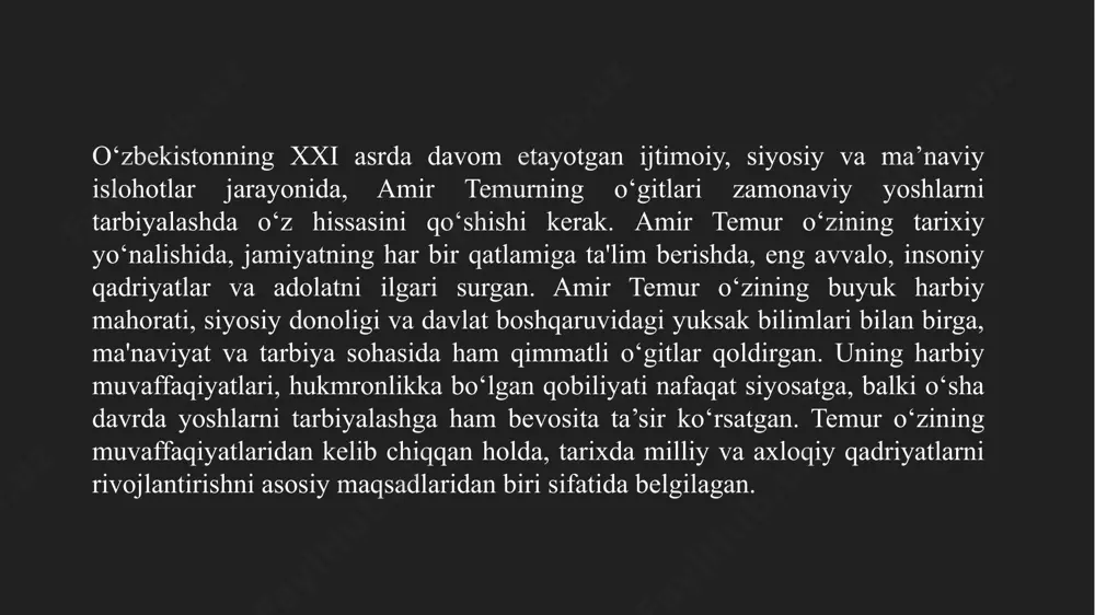 o‘zbekiston – taraqqiyot va ma’rifat yo‘lida. – toshkent: “o‘zbekiston”, 2020 oʻzbekiston respublikasining 2020 yil 23-sentabrdagi o`rq-673-sonli “ta`lim to`g`risidagi” qonuni. https://lex.uz/docs/-5013007 o`zbekiston respublikasi vazirlar mahkamasining 2021 yil 26-fevraldagi 108-sonli “o`zbekiston respublikasi xalq ta`limi vazirligi huzuridagi respublika ta`lim markazi faoliyatini yanada takomillashtirish chora-tadbirlari to`g`risida”gi qarori. https://lex.uz/docs/5309463 “2017-2021yillarda o`zbekiston respublikasini rivojlantirishning beshta ustuvor yo`nalishi bo`yicha harakatlar strategiyasi” o`zbekiston respublikasi prezidentining 2017 yil 7 fevraldagi pf-4947-sonli farmoni. (o`zbekiston respublikasi qonun hujjatlari to`plami, 2017 y., 6-son, 70-modda) https://lex.uz/docs/-3107036 mirziyoev sh.m. erkin va farovon, demokratik o`zbekiston davlatini birgalikda barpo etamiz. o`zbekiston respublikasi prezidenti lavozimiga kirishish tantanali marosimiga bag`ishlangan oliy majlis palatalarining qo`shma majlisidagi nutq / sh.m. mirziyoev. – t.: o`zbekiston, 2016. - 56 b. etiboringiz uchun rahmat! image2.png /docprops/thumbnail.jpeg